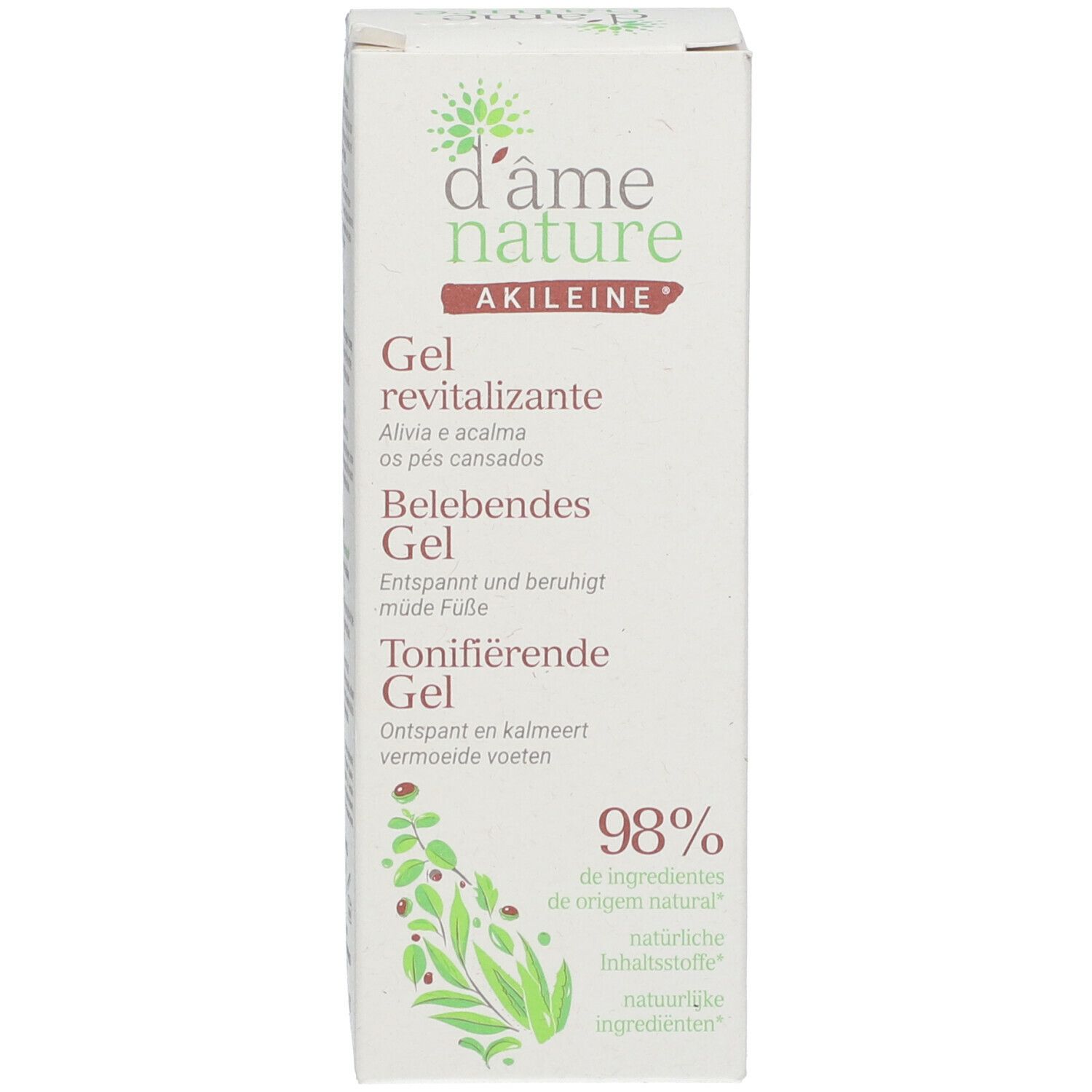 Emballage en carton. Nom du produit en plusieurs langues. 98% d'ingrédients naturels. Akileine Gel revitalizante.