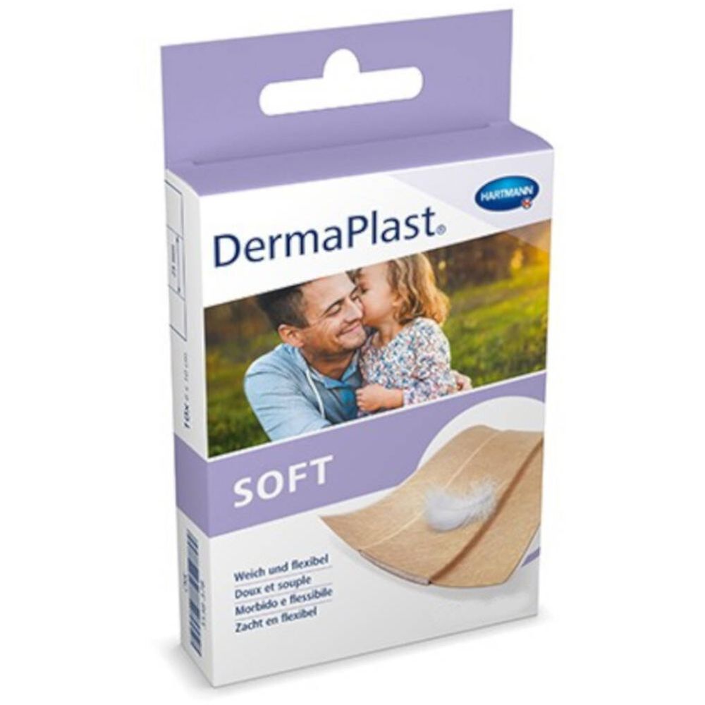 Verpakking van DermaPlast® Soft. Zacht en flexibel. Afbeelding van vader en kind. Productnaam en logo zichtbaar.