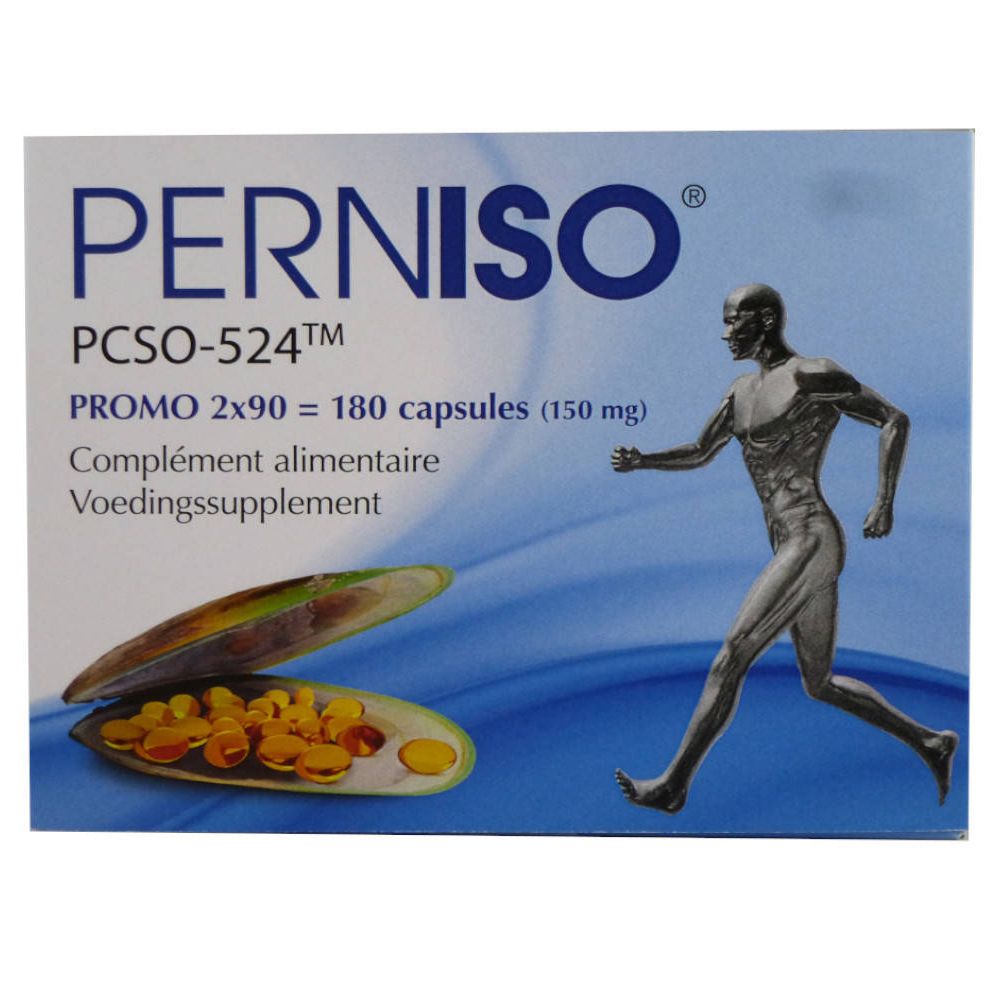 Boîte de PERNISO® PCSO-524™ avec 180 gélules. Illustration d'un coureur et d'une coquille avec des gélules.