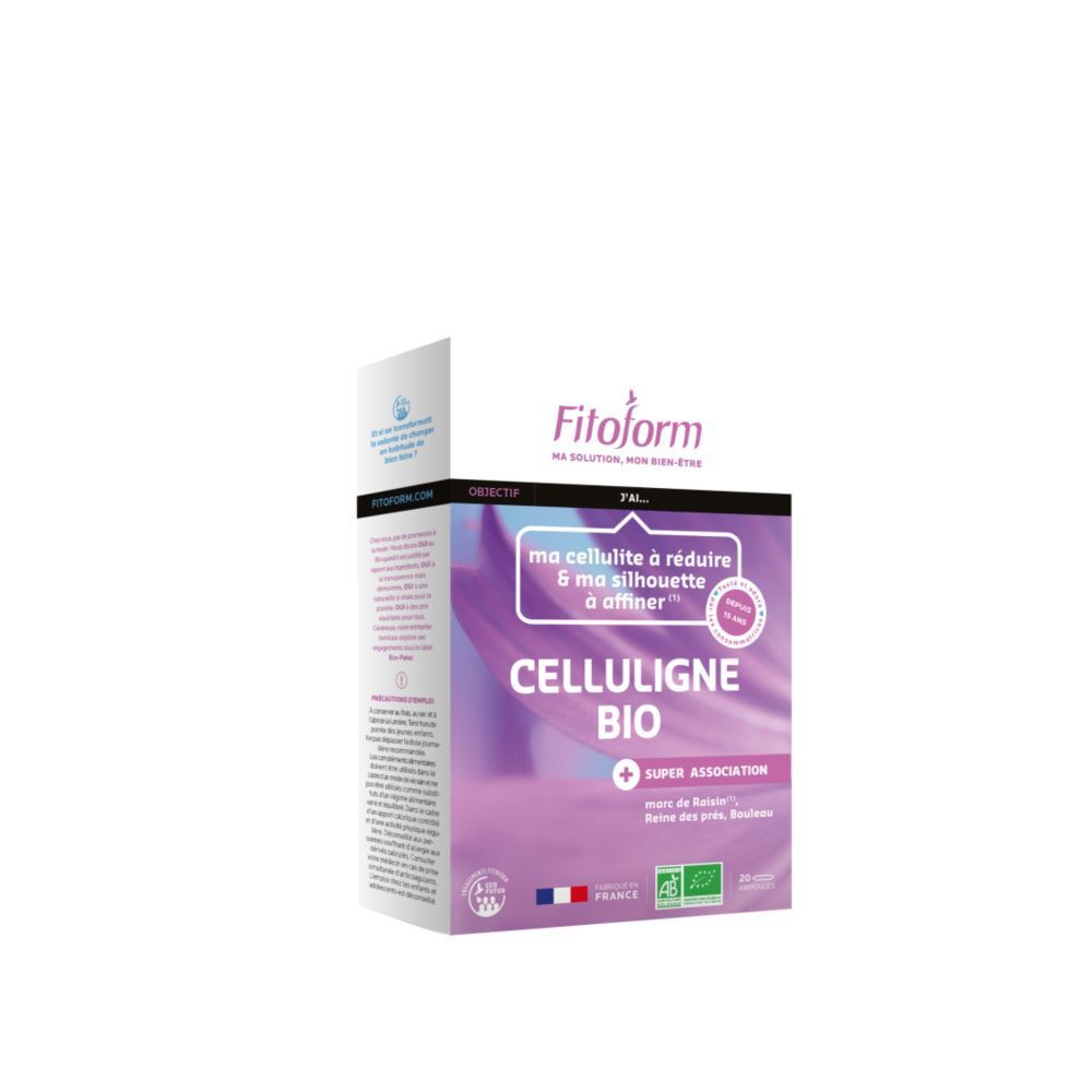 Verpakking van Fitoform Celluligne Bio. Paars-witte doos met productnaam en logo. Bio-certificering.