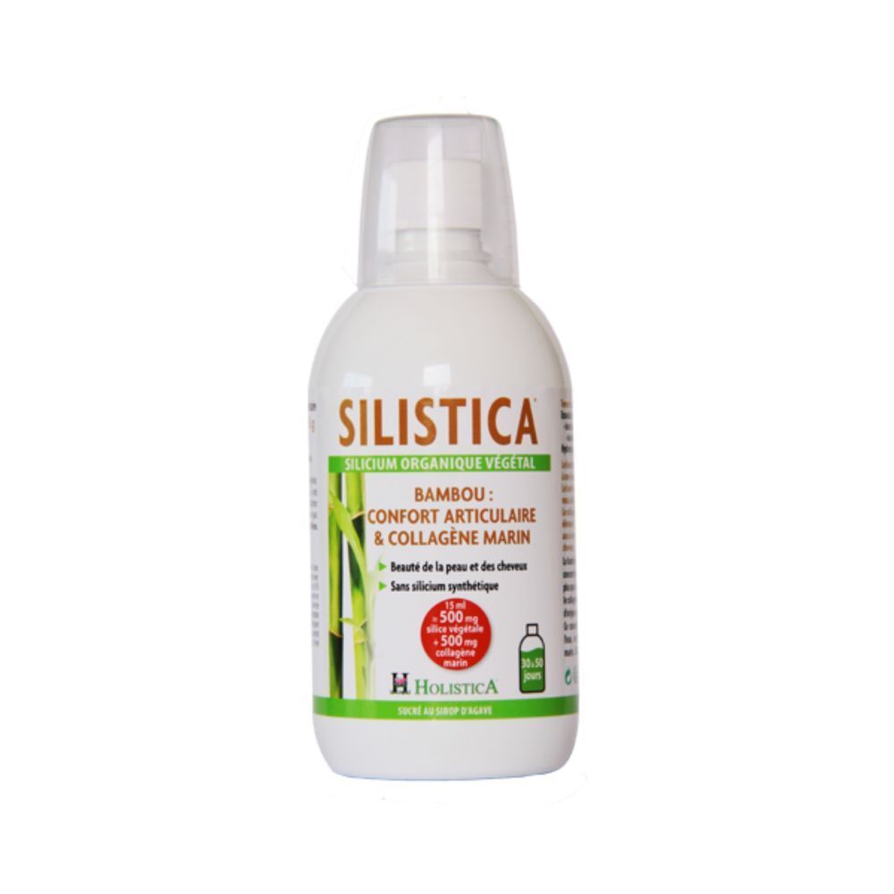 Bouteille blanche avec étiquette Silistica. Contient du silicium organique. Inscription : Bambou, confort articulaire & collagène marin. Logo Holistica.