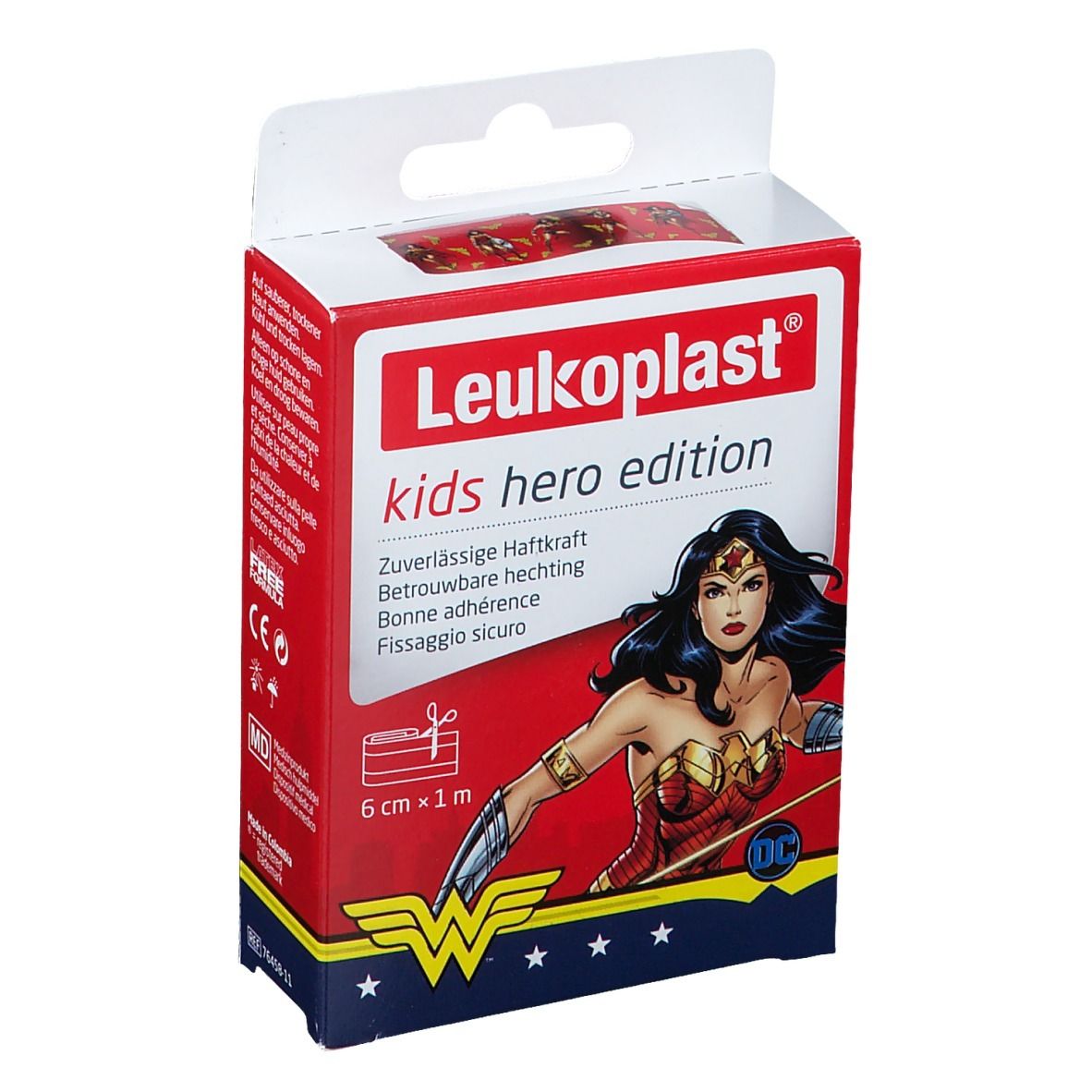 Verpakking Leukoplast® Kids Hero Edition. Wonder Woman-illustratie, tekst en logo. Afmetingen: 6 cm x 1 m.