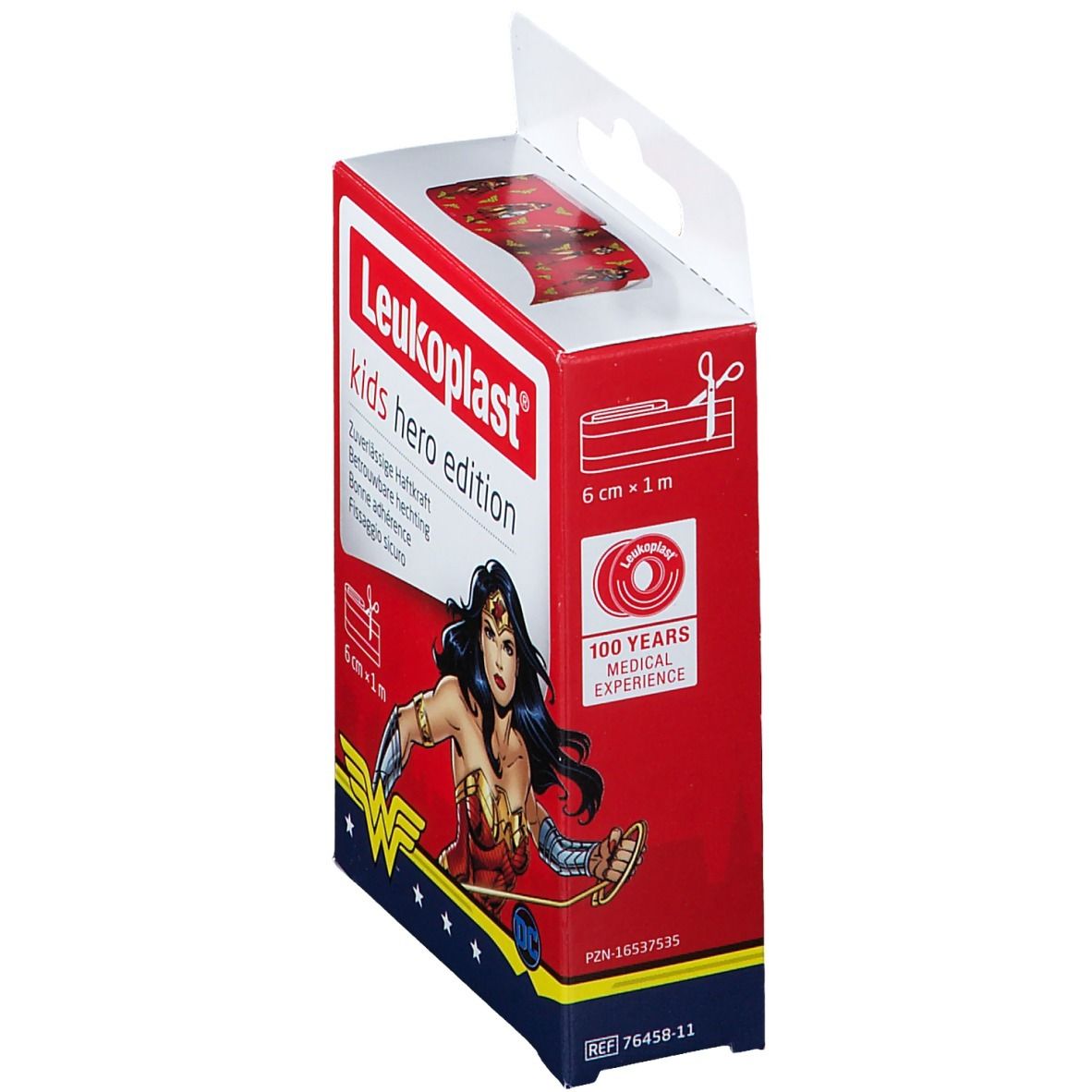 Zijaanzicht van de verpakking Leukoplast® Kids Hero Edition. Wonder Woman-illustratie, tekst en logo. 6 cm x 1 m.