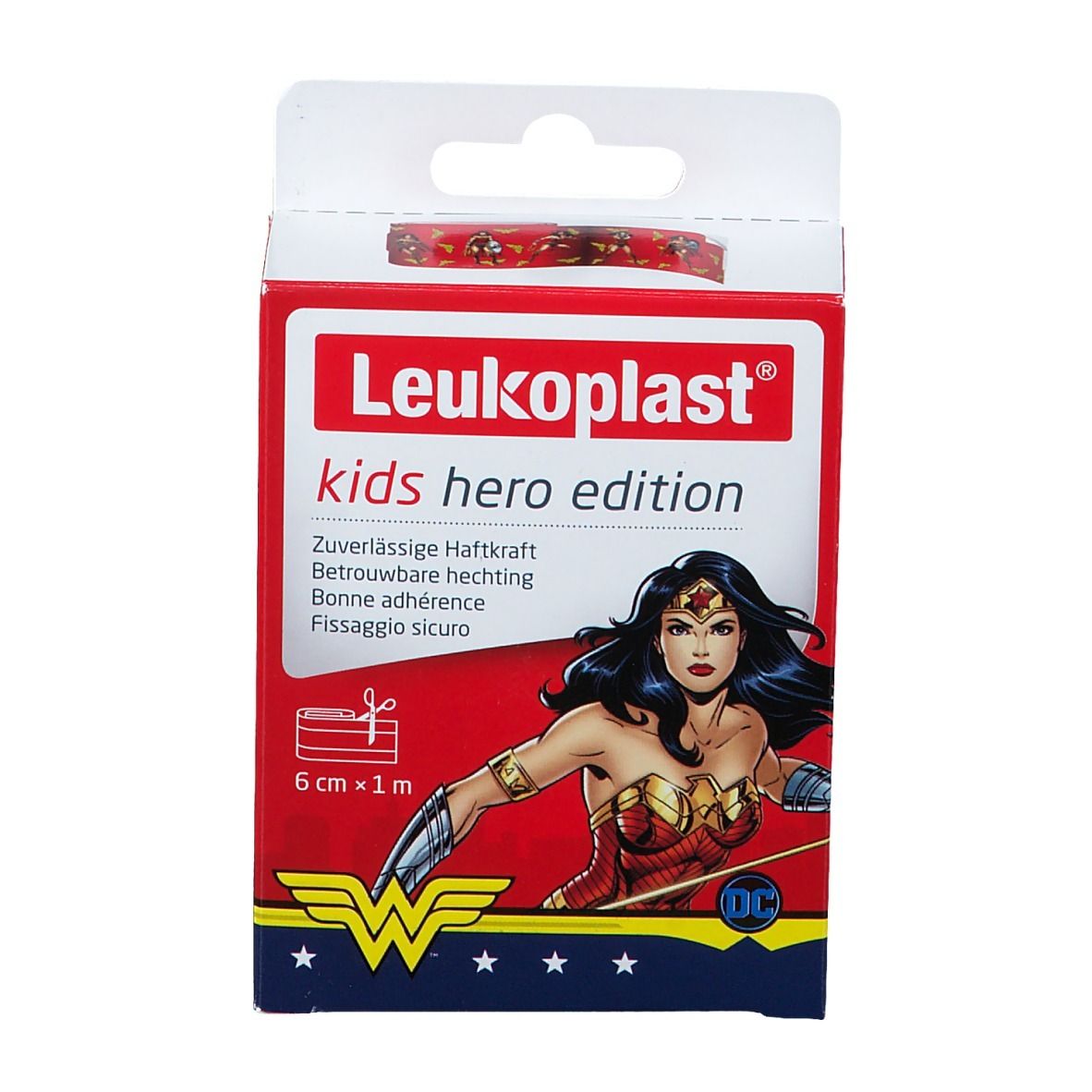 Verpakking Leukoplast® Kids Hero Edition. Wonder Woman-illustratie, tekst en logo. Afmetingen: 6 cm x 1 m.