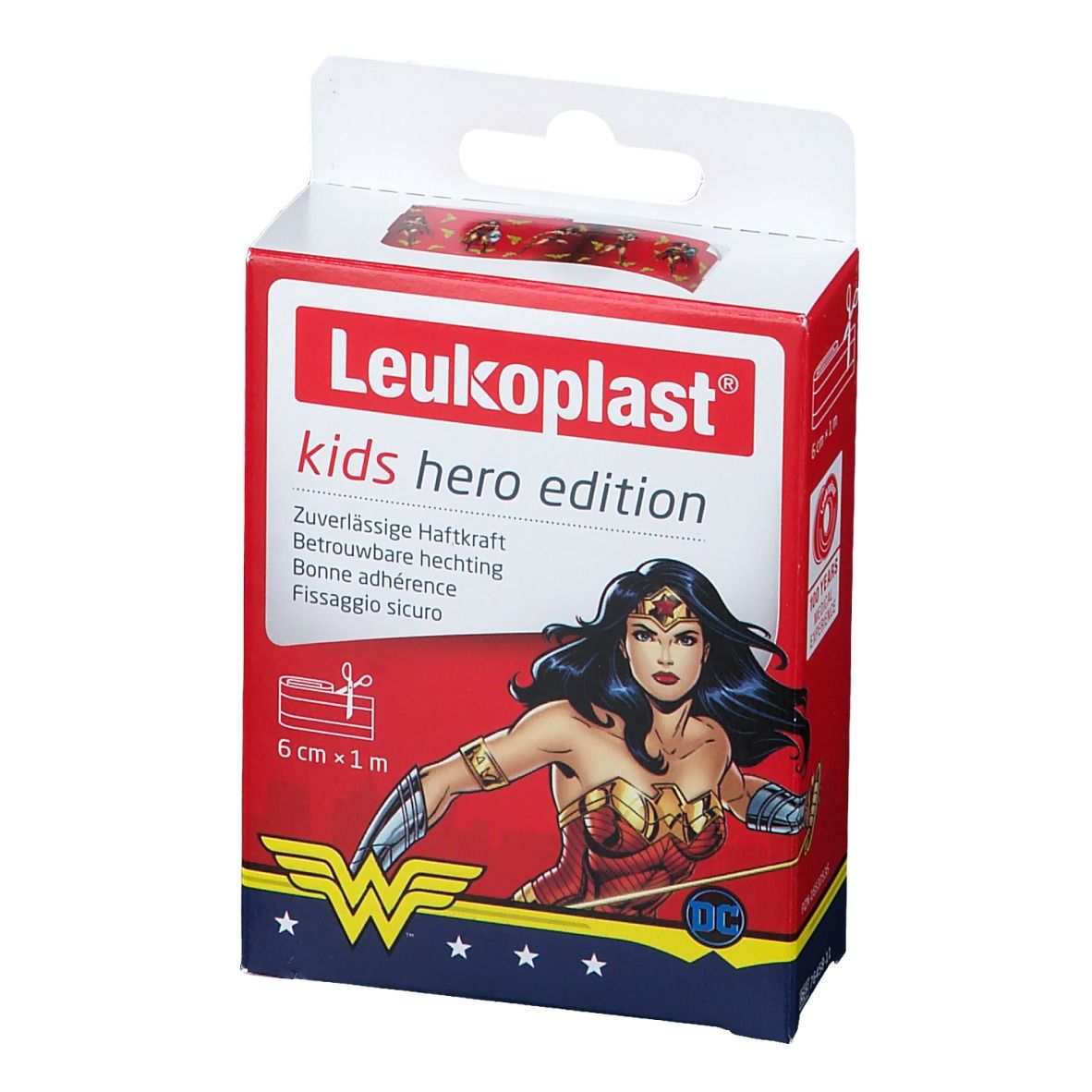 Verpakking Leukoplast® Kids Hero Edition. Wonder Woman-illustratie, tekst en logo. Afmetingen: 6 cm x 1 m.