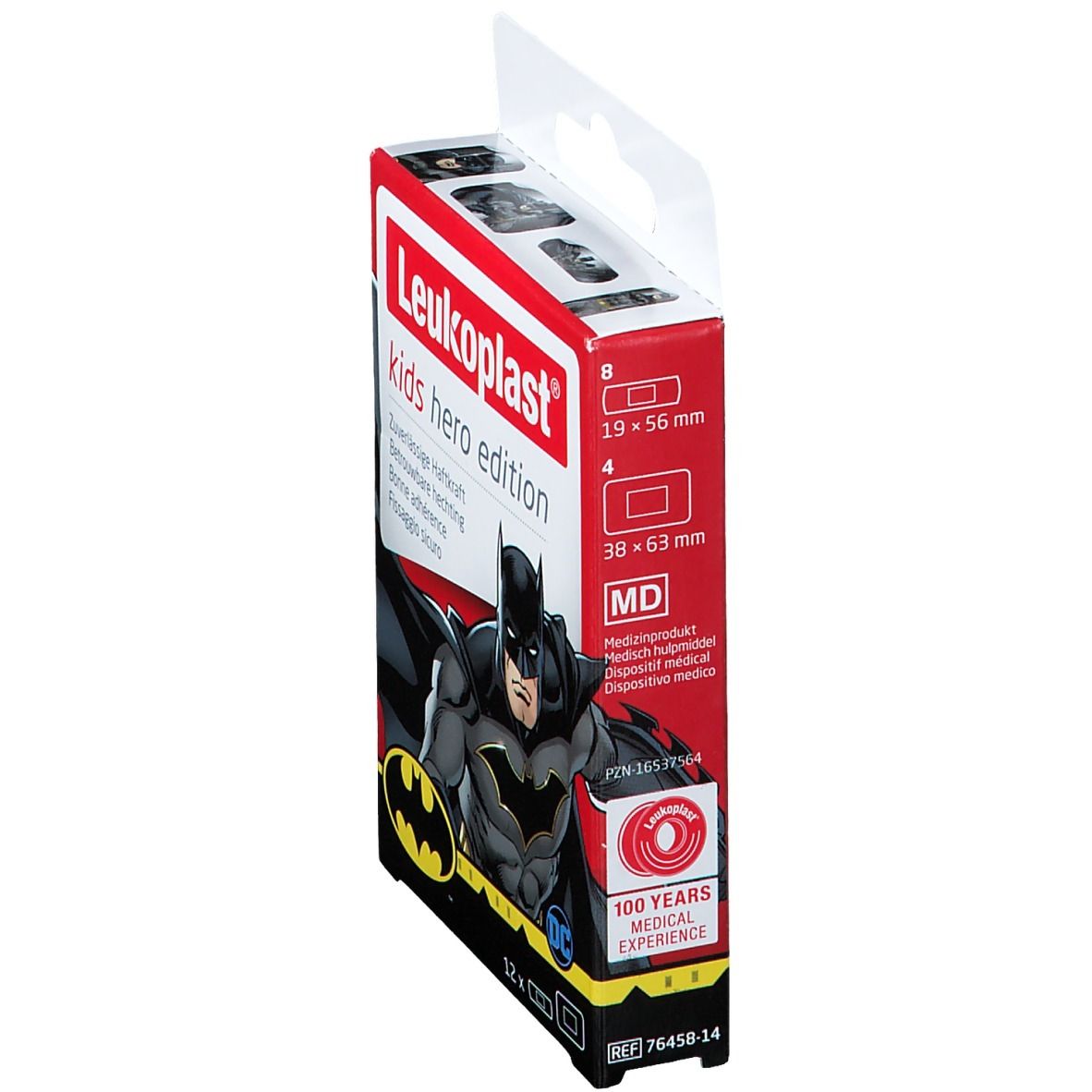 Verpakking Leukoplast kids hero edition, Batman. Maten: 8x 19x56mm, 4x 38x63mm. 100 jaar ervaring.