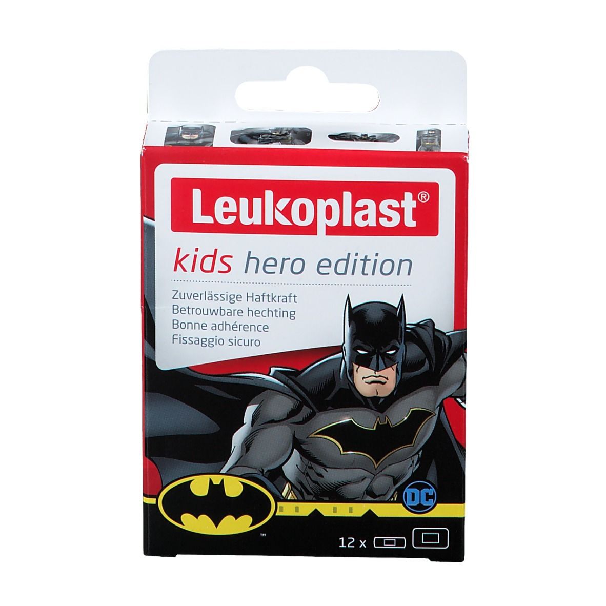 Verpakking Leukoplast kids hero edition pleisters met Batman. 12 stuks.