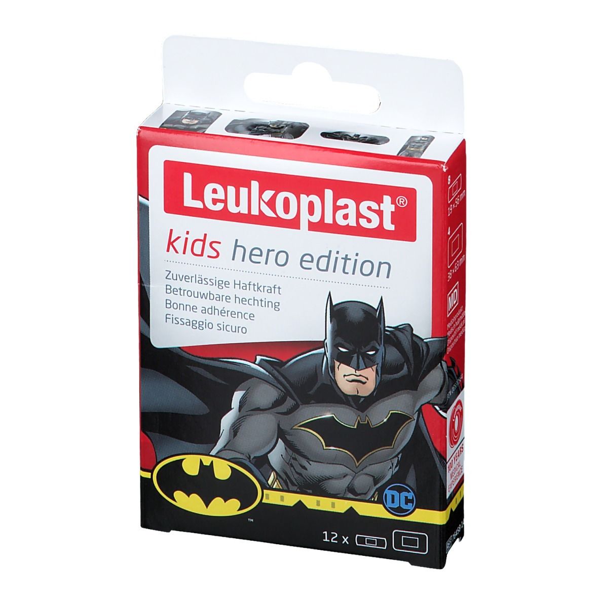 Verpakking Leukoplast kids hero edition pleisters met Batman. 12 stuks.