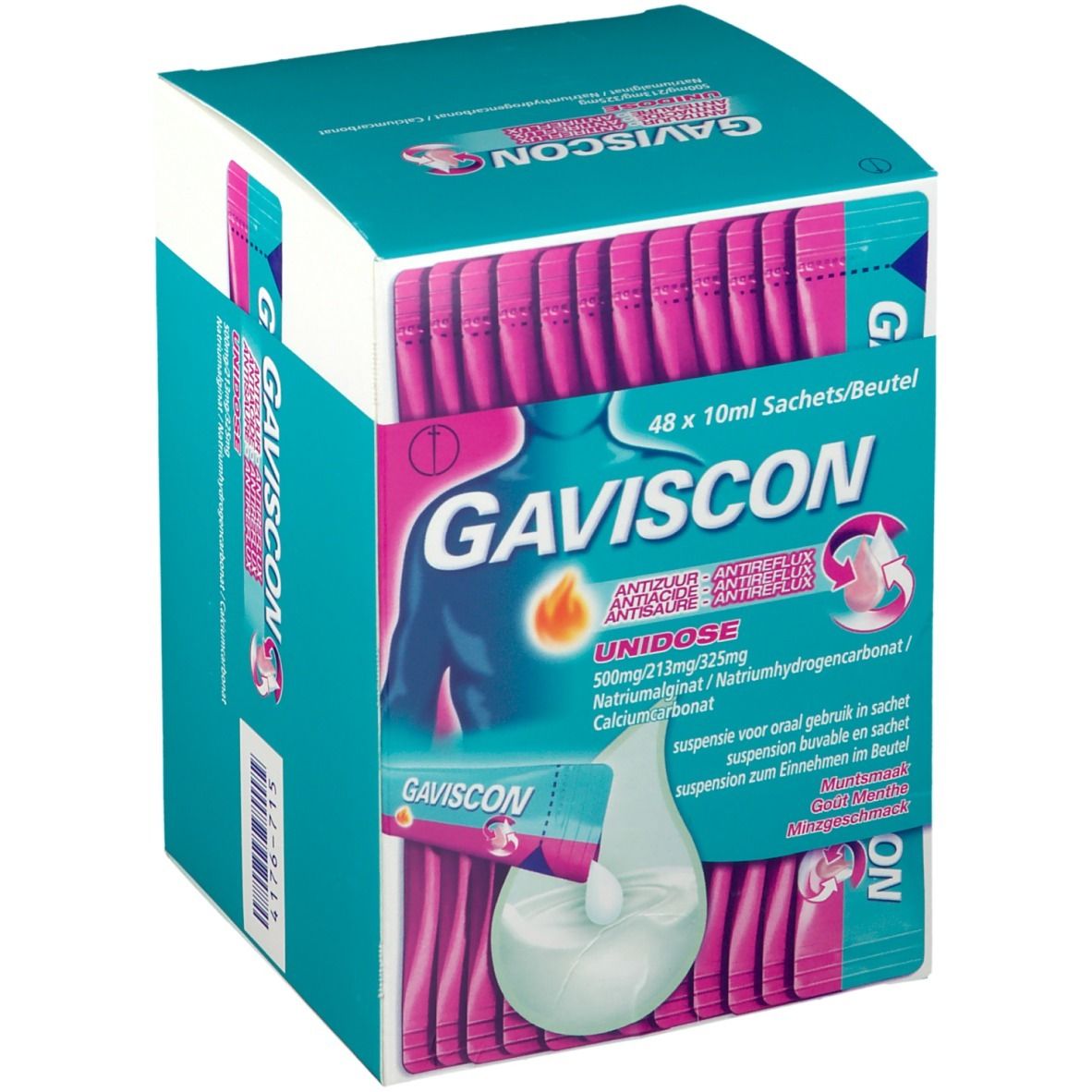 Gaviscon-verpakking met 48 sachets. Turkoois-wit ontwerp met productlogo en informatie. Roze sachets.