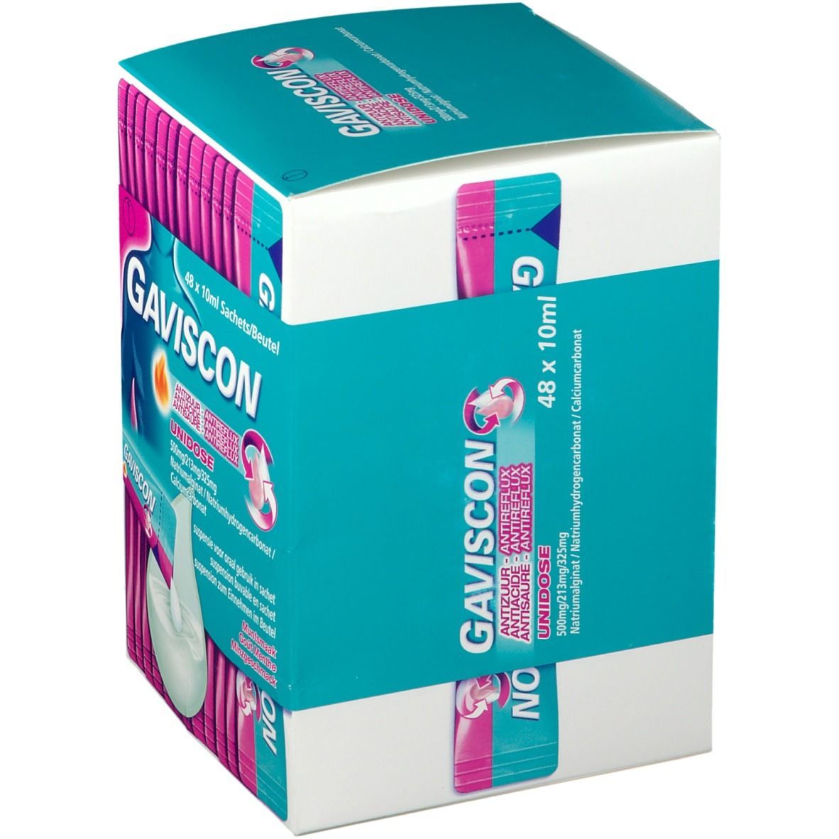 Gaviscon-verpakking, bovenaanzicht. Turkoois-wit ontwerp met productlogo en informatie. 48 x 10ml.
