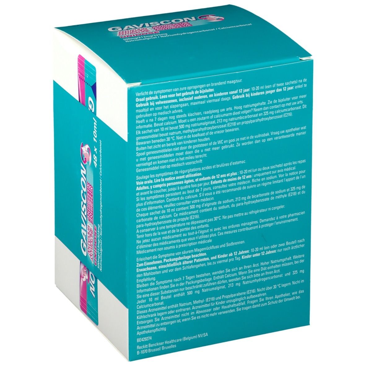 Gaviscon-verpakking, achteraanzicht met tekst. Turkoois-wit ontwerp met productlogo en informatie. 48 x 10ml.