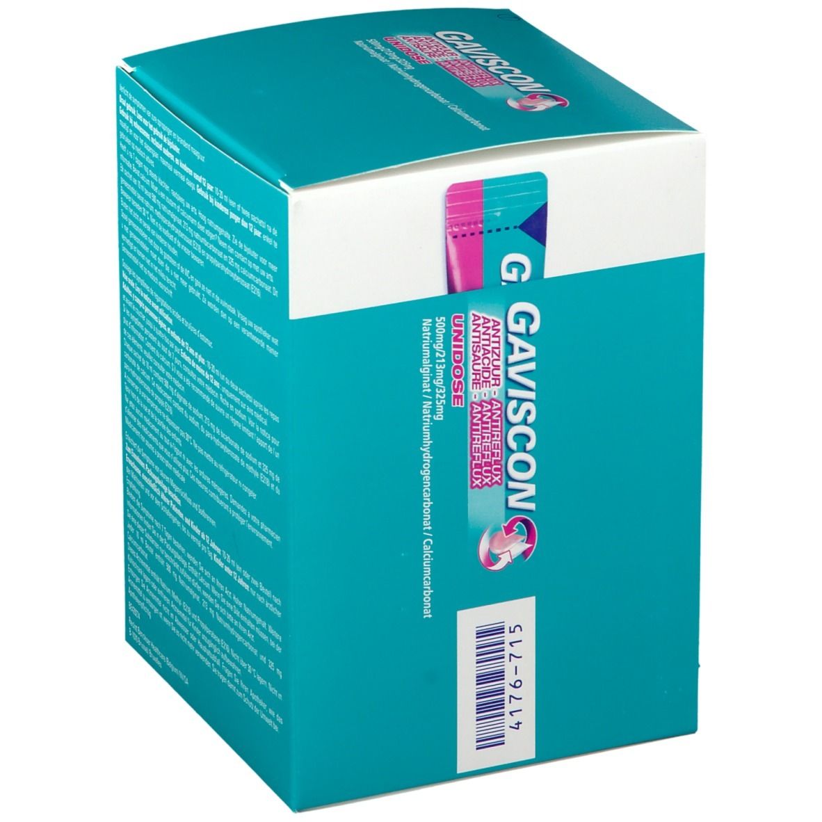 Gaviscon-verpakking, zijaanzicht met tekst. Turkoois-wit ontwerp met productlogo en informatie. 4176-713.