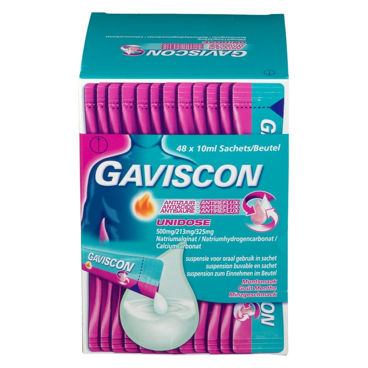 Gaviscon-verpakking met open flap. Turkoois-wit ontwerp met productlogo en informatie. 48 sachets.