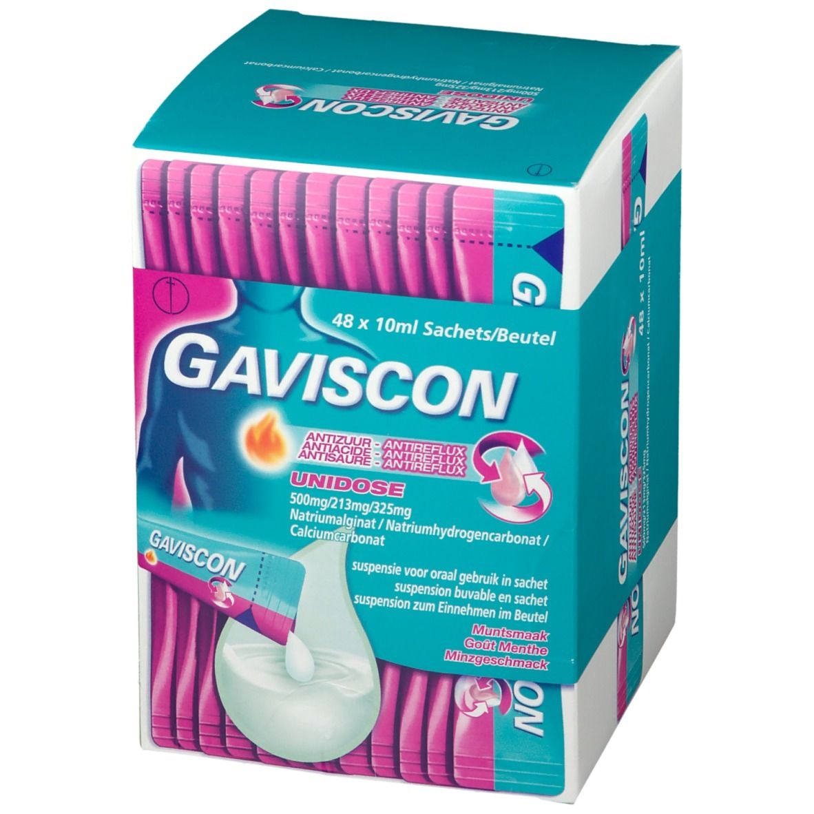 Gaviscon-verpakking met open flap en sachets. Turkoois-wit ontwerp met productlogo. 48 sachets.
