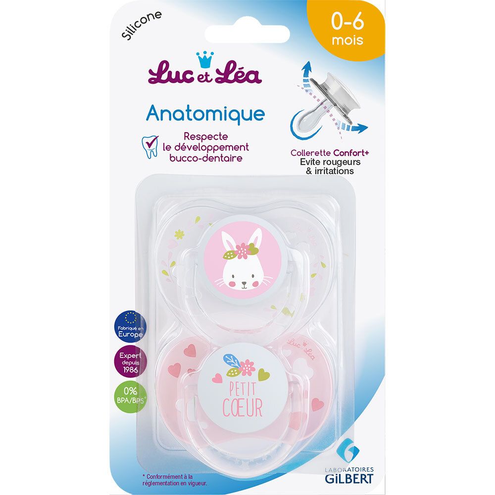 Verpakking met twee fopspenen. Anatomisch gevormd, konijn- en hartmotief. Merk Luc et Léa. Leeftijd: 0-6 maanden.