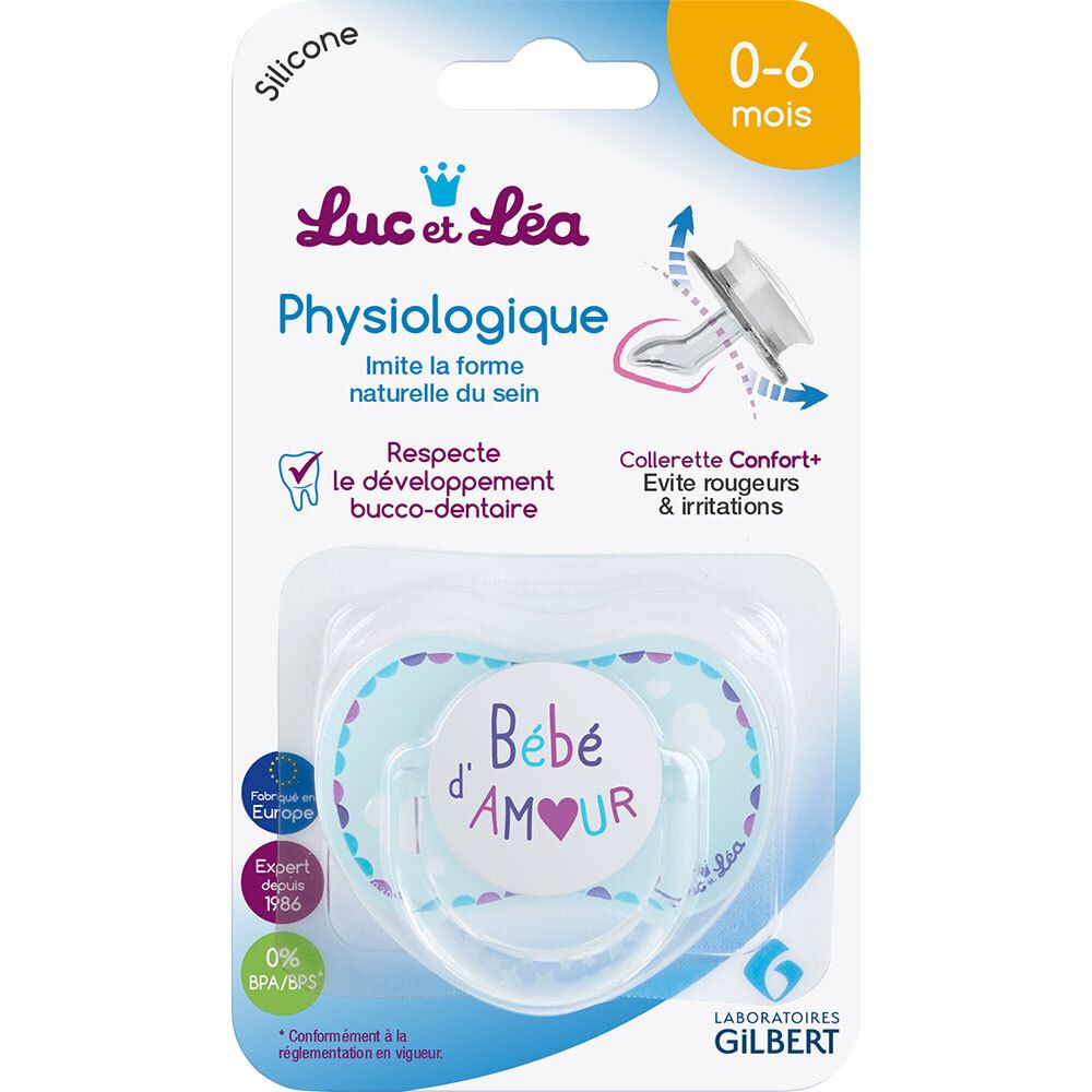 Verpakte blauwe fopspeen. Merk Luc et Léa. Opschrift "Bébé d'AMOUR". Fysiologisch. 0-6 maanden. BPA/BPS-vrij.