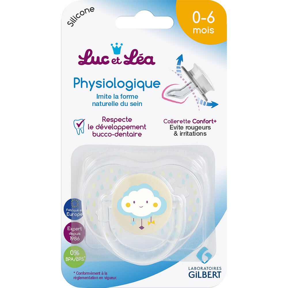 Verpackte Schnuller. Transparenter Schnuller mit Wolkenmotiv. Marke Luc et Léa, Text: 0-6 Monate, Physiologique, 0% BPA.