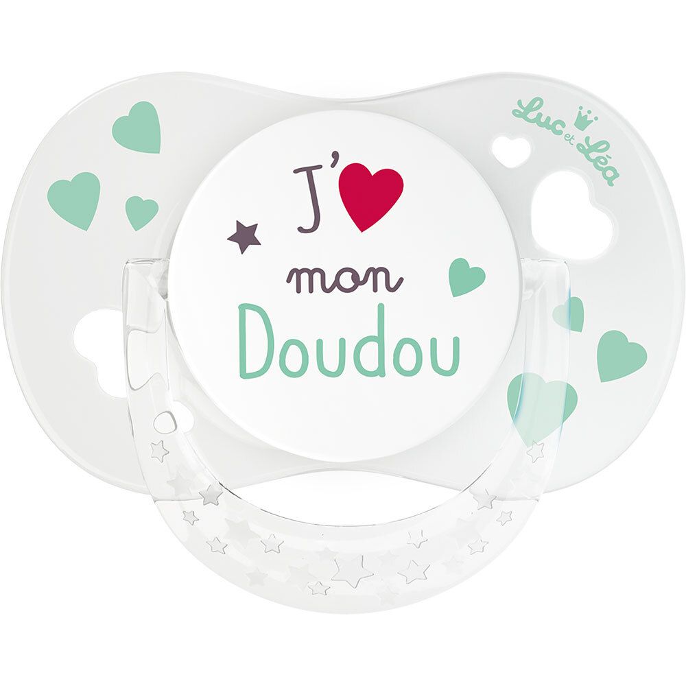Weißer Schnuller mit grünen Herzen und Text. Aufschrift: J'aime mon Doudou. Marke Luc et Léa.