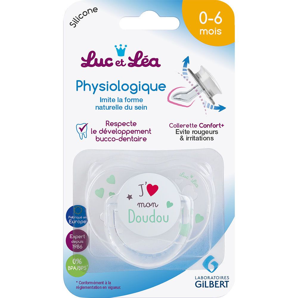 Verpackung mit Schnuller. Aufschrift: Luc et Léa, Physiologique, 0-6 mois. Mit Zertifizierungen.