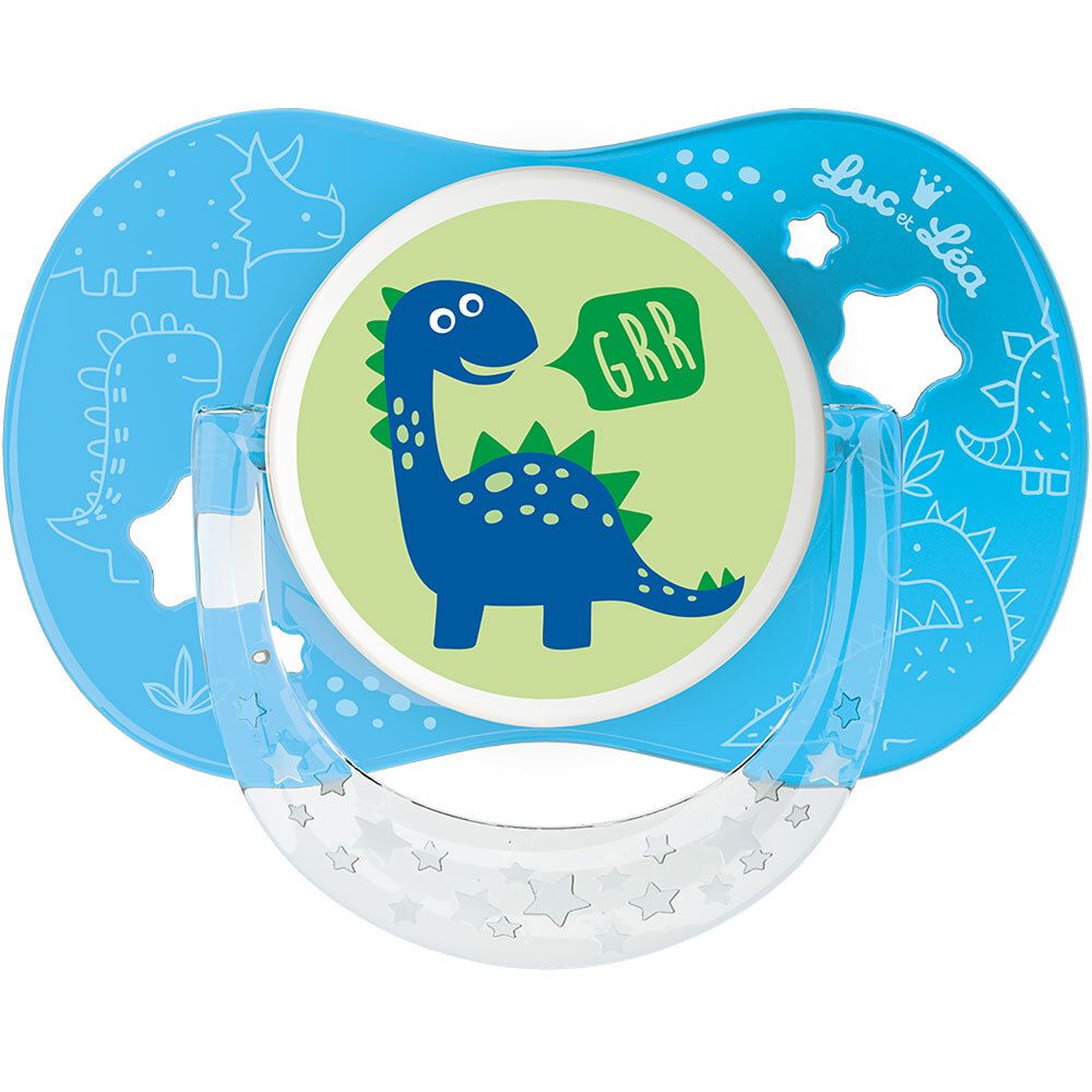 Blauwe fopspeen met dinosaurusmotief en opschrift "GRR". Merk: Luc et Léa.