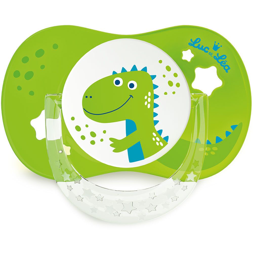 Groene fopspeen met dinosaurusmotief. Merk: Luc et Léa.