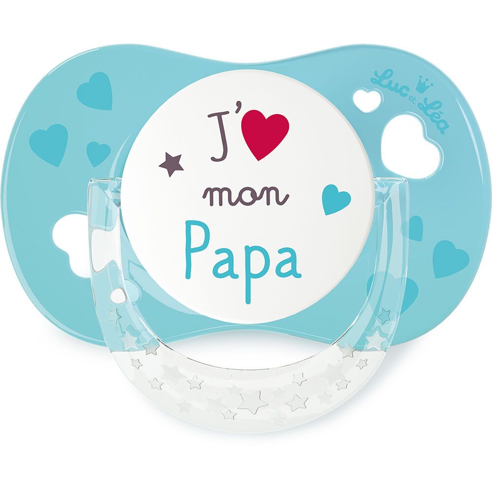 Blauwe fopspeen met "J'aime mon Papa". Merk Luc et Léa. Hartjes en sterren.
