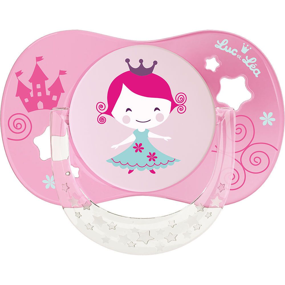 Roze fopspeen met prinsessenmotief en opschrift Luc et Léa. Kasteel- en sterrendesign.