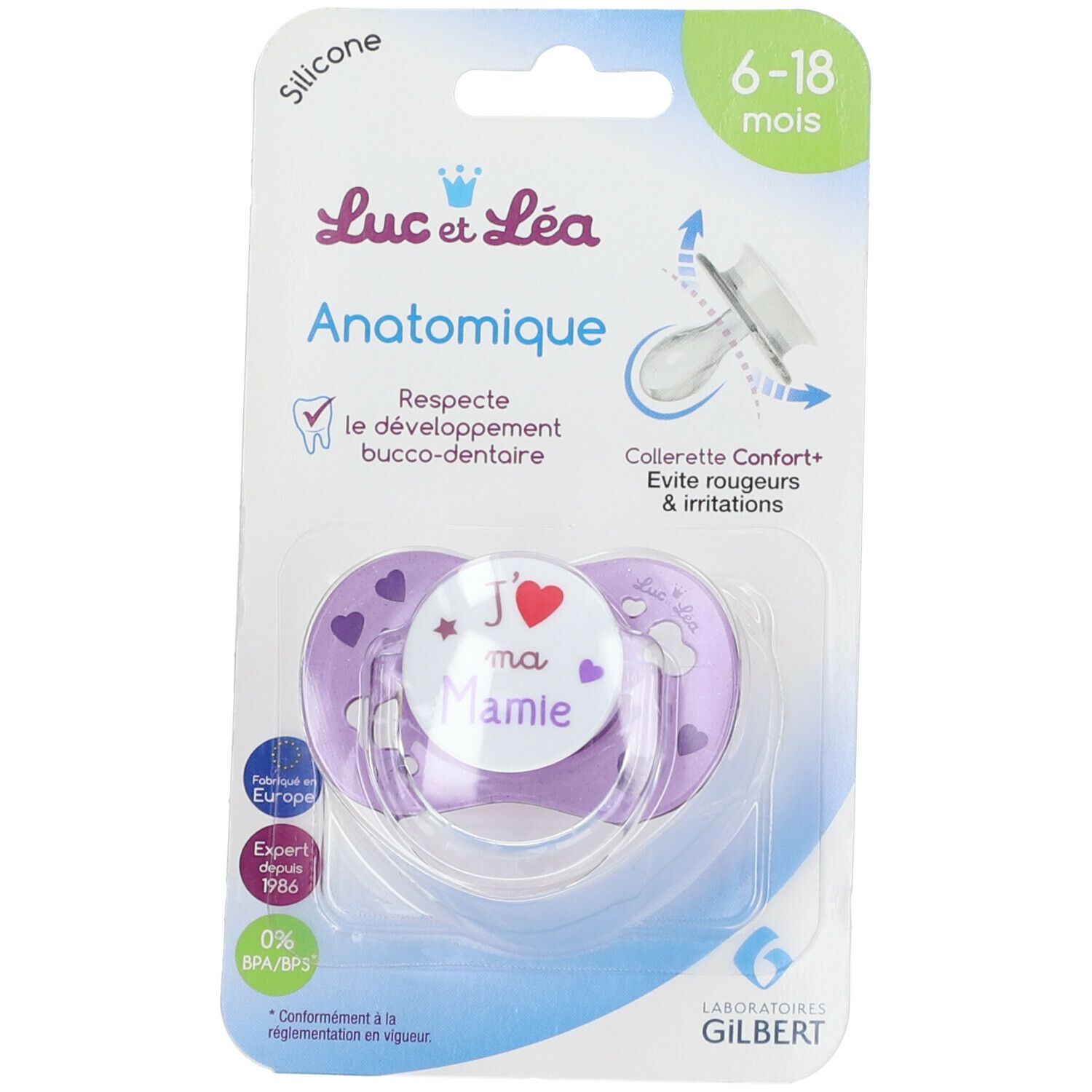 Sucette violette en emballage. Inscription: "Luc et Léa", "J'aime ma Mamie". Recommandation d'âge: 6-18 mois. Anatomique.