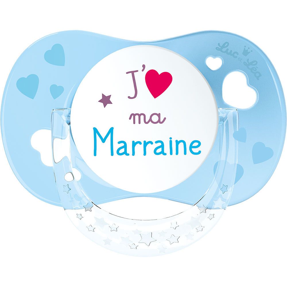 Sucette bleue avec inscription "J'aime ma Marraine". Coeur et motifs sur le bouclier. Marque Luc et Léa.