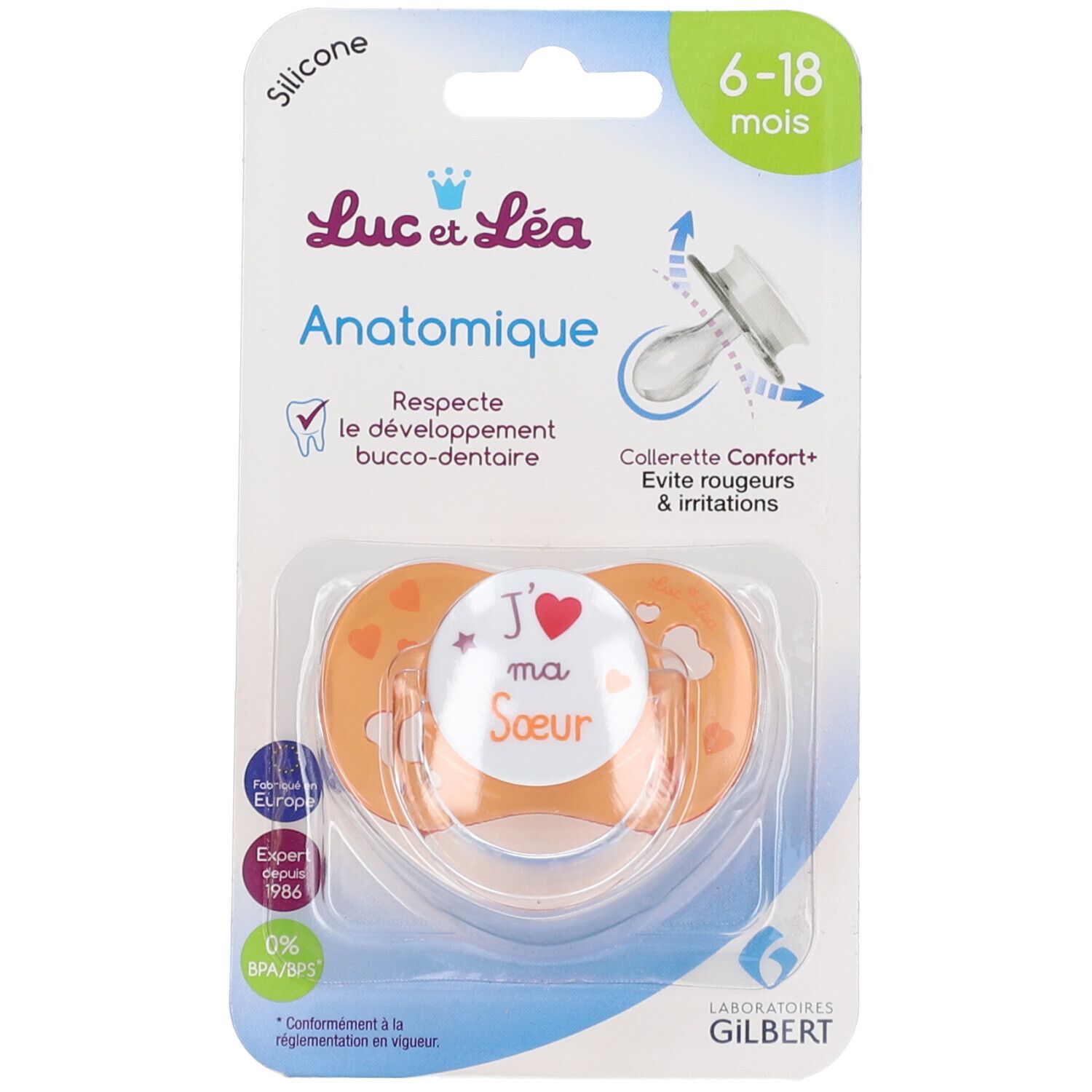 Oranje anatomische fopspeen in blisterverpakking. Tekst: J'aime ma Soeur. Leeftijd: 6-18 maanden. Silicone. Merk Luc et Léa.