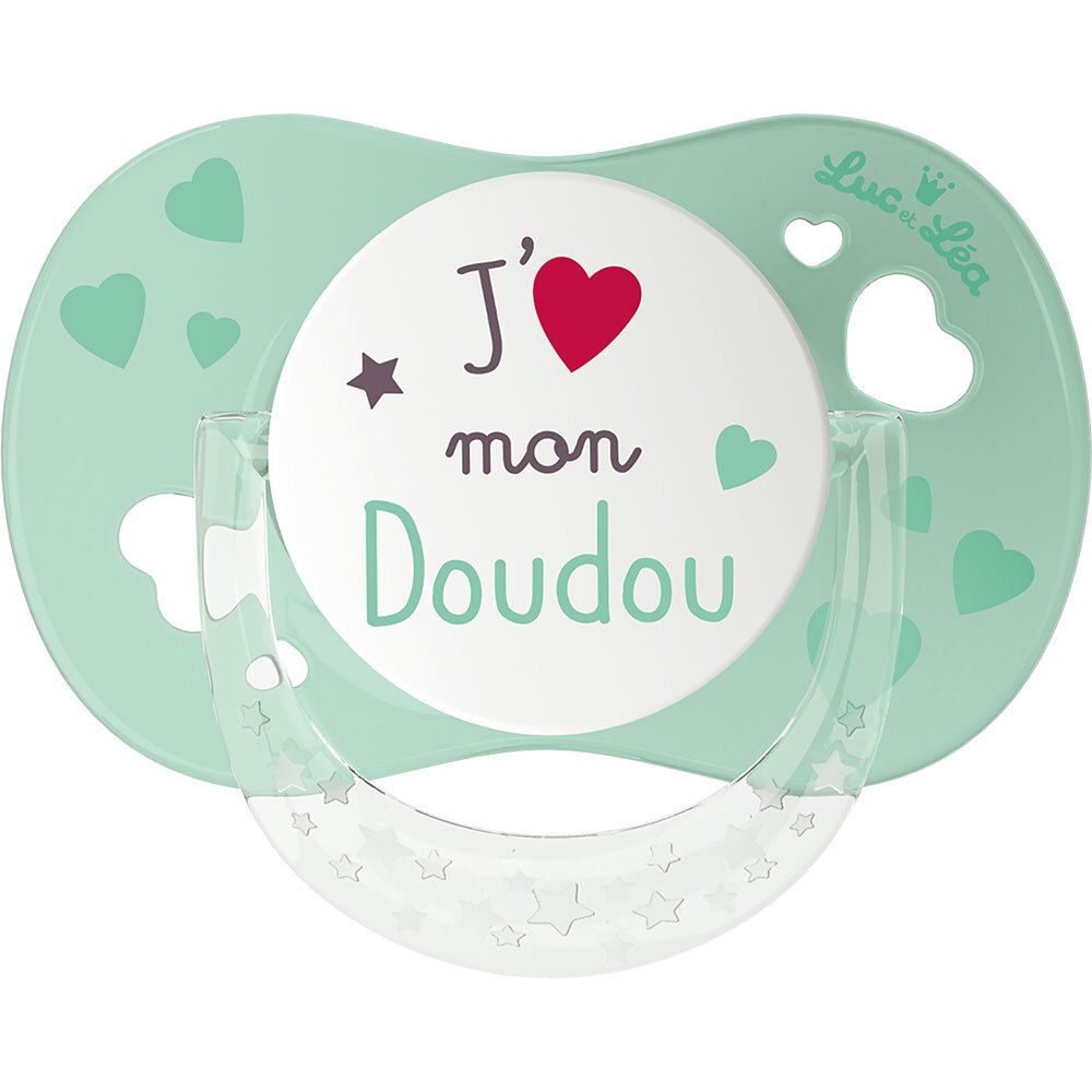Sucette vert clair avec motifs cœurs et étoiles. Inscription : J'❤ mon Doudou. Marque : Luc et Léa.