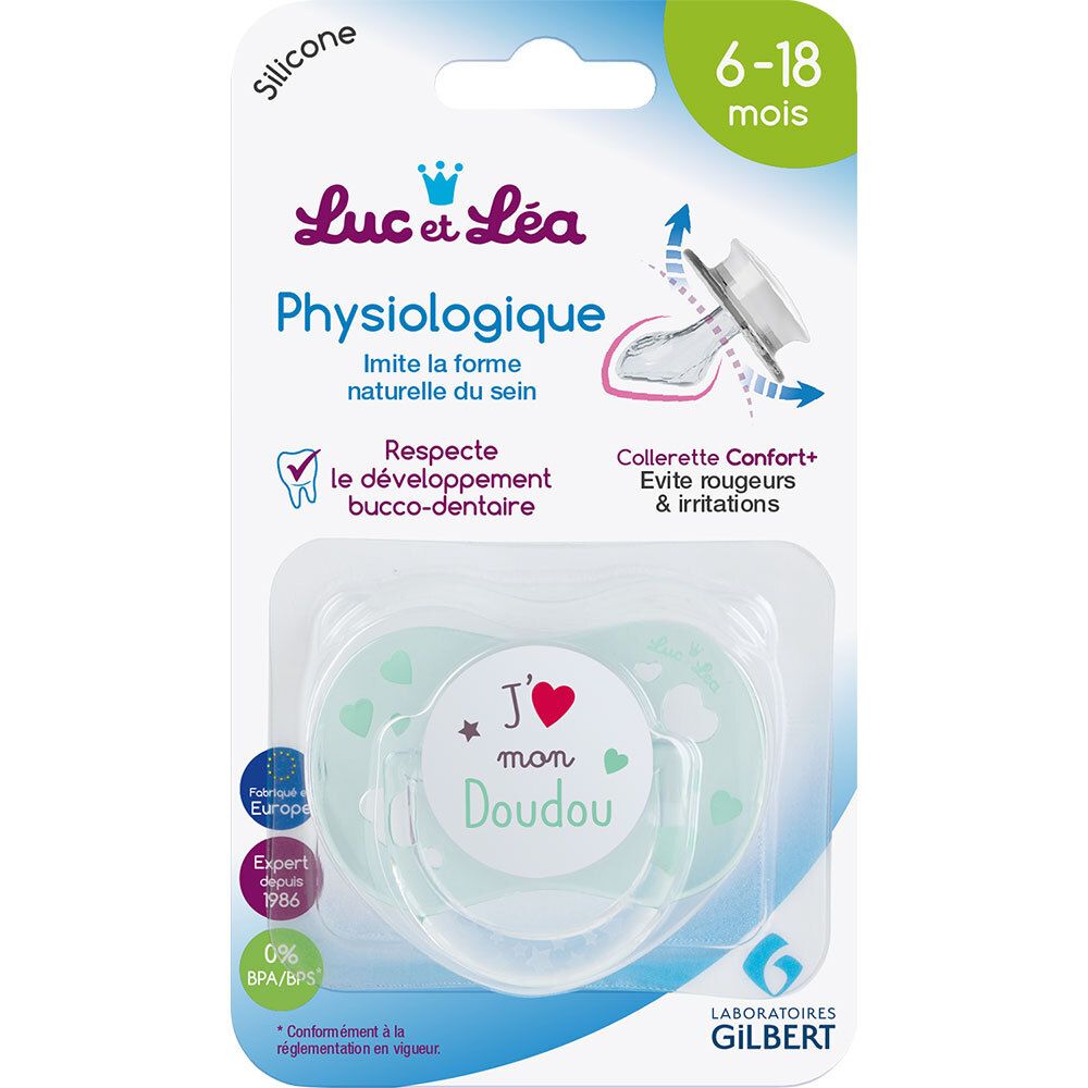 Emballage avec sucette vert clair. Inscription : Luc et Léa, Physiologique, 6-18 mois. Avec illustration du produit.