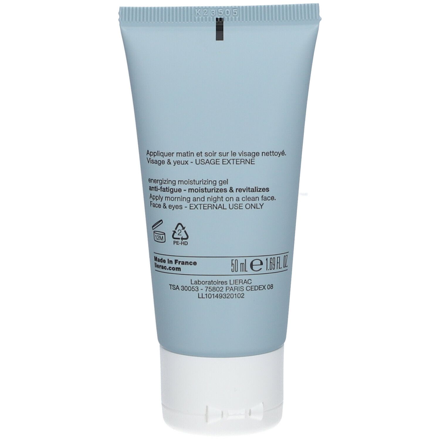 Dos d'un tube bleu clair. Texte en anglais et français. Contient des informations sur l'utilisation et les ingrédients. 50 ml.