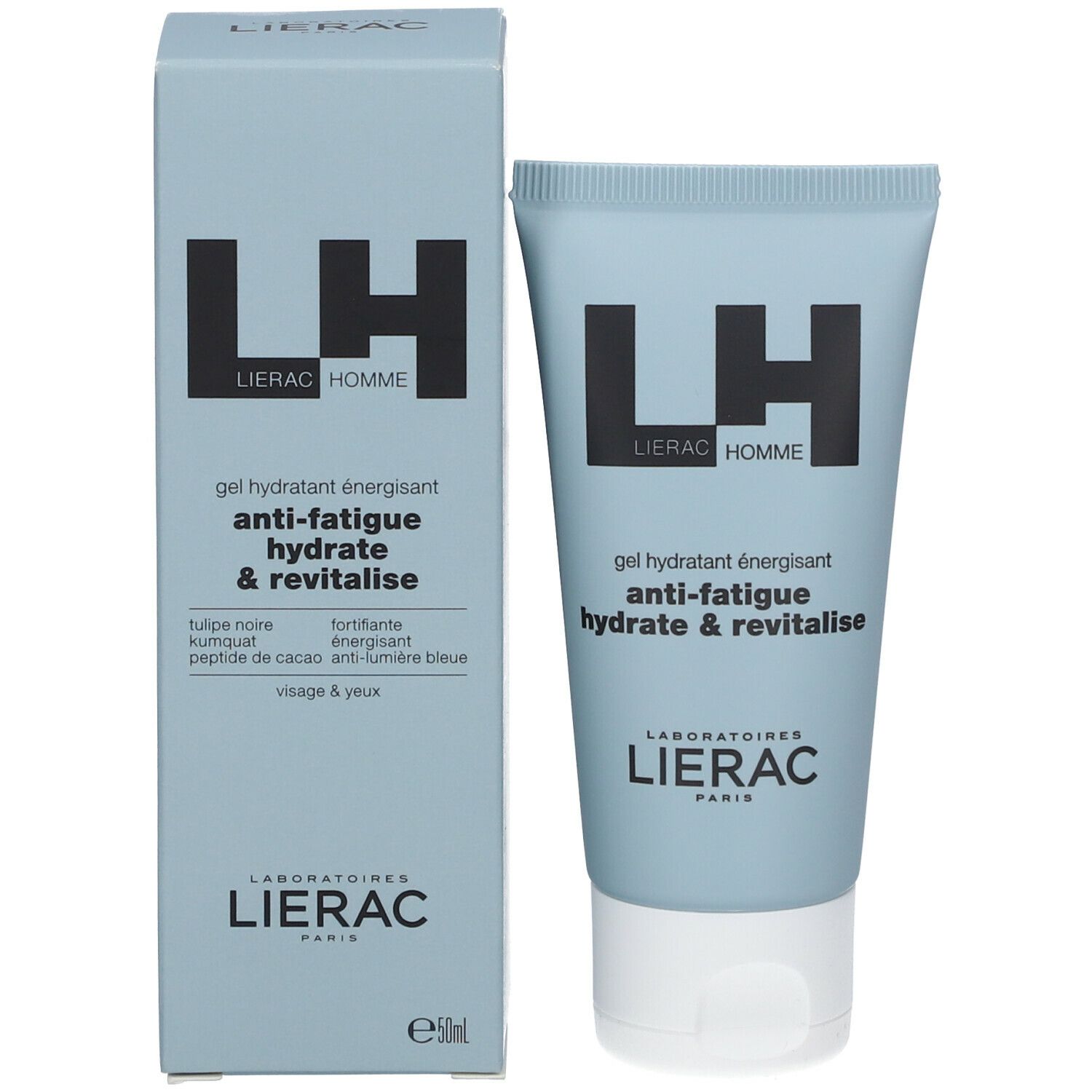 Tube et boîte bleu clair. Les deux affichent le logo LH et le texte: Lierac Homme, Gel Hydratant Énergisant, Anti-Fatigue, Hydrate & Revitalise. Boîte: 50 ml.