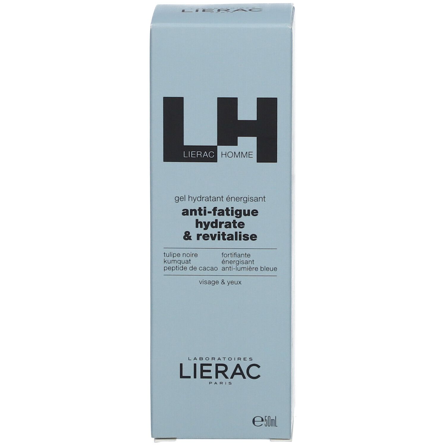Boîte bleu clair avec logo LH noir et texte: Lierac Homme, Gel Hydratant Énergisant, Anti-Fatigue, Hydrate & Revitalise. 50 ml.