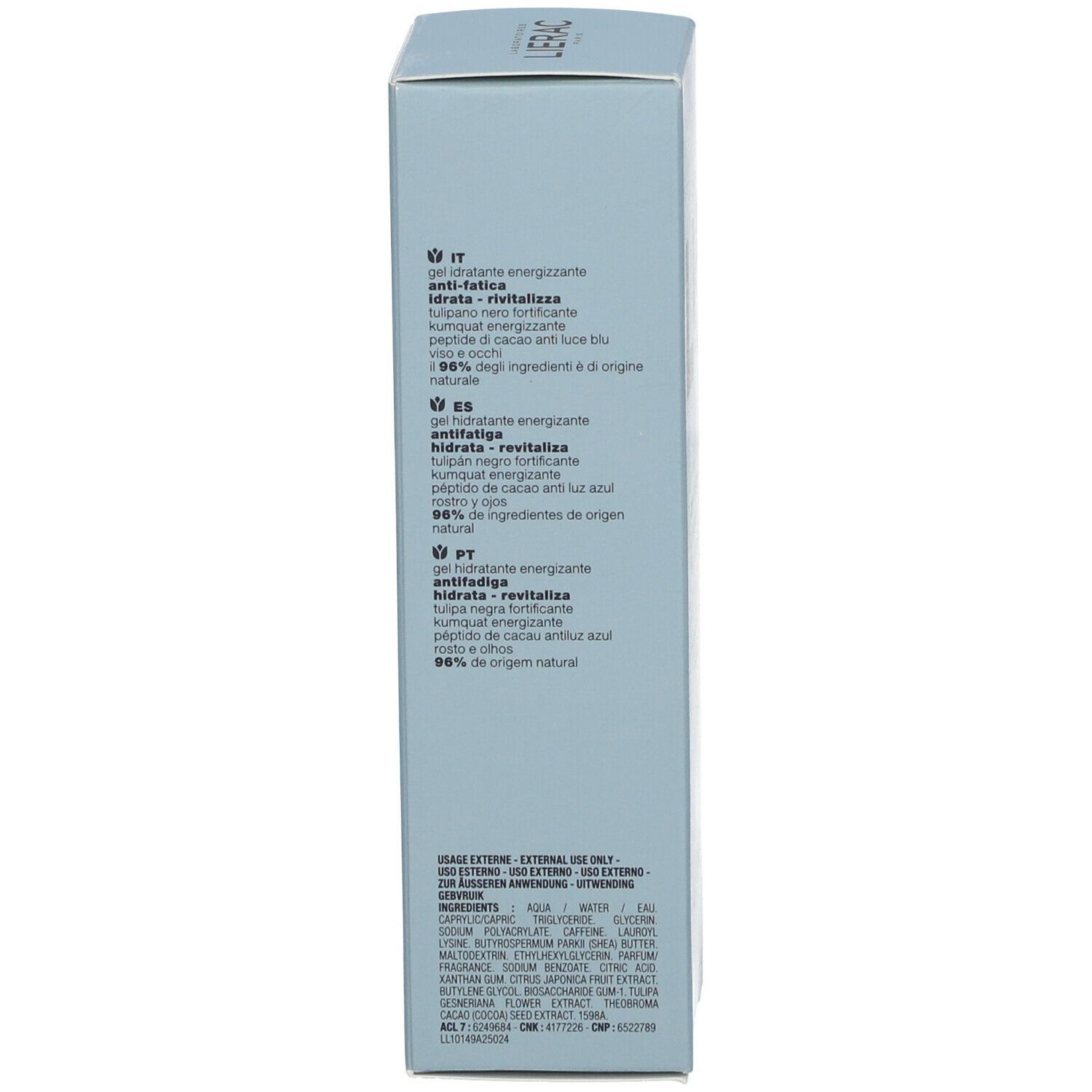 Dos d'une boîte bleu clair. Texte en plusieurs langues. Contient des informations sur les ingrédients et l'utilisation. 50 ml.
