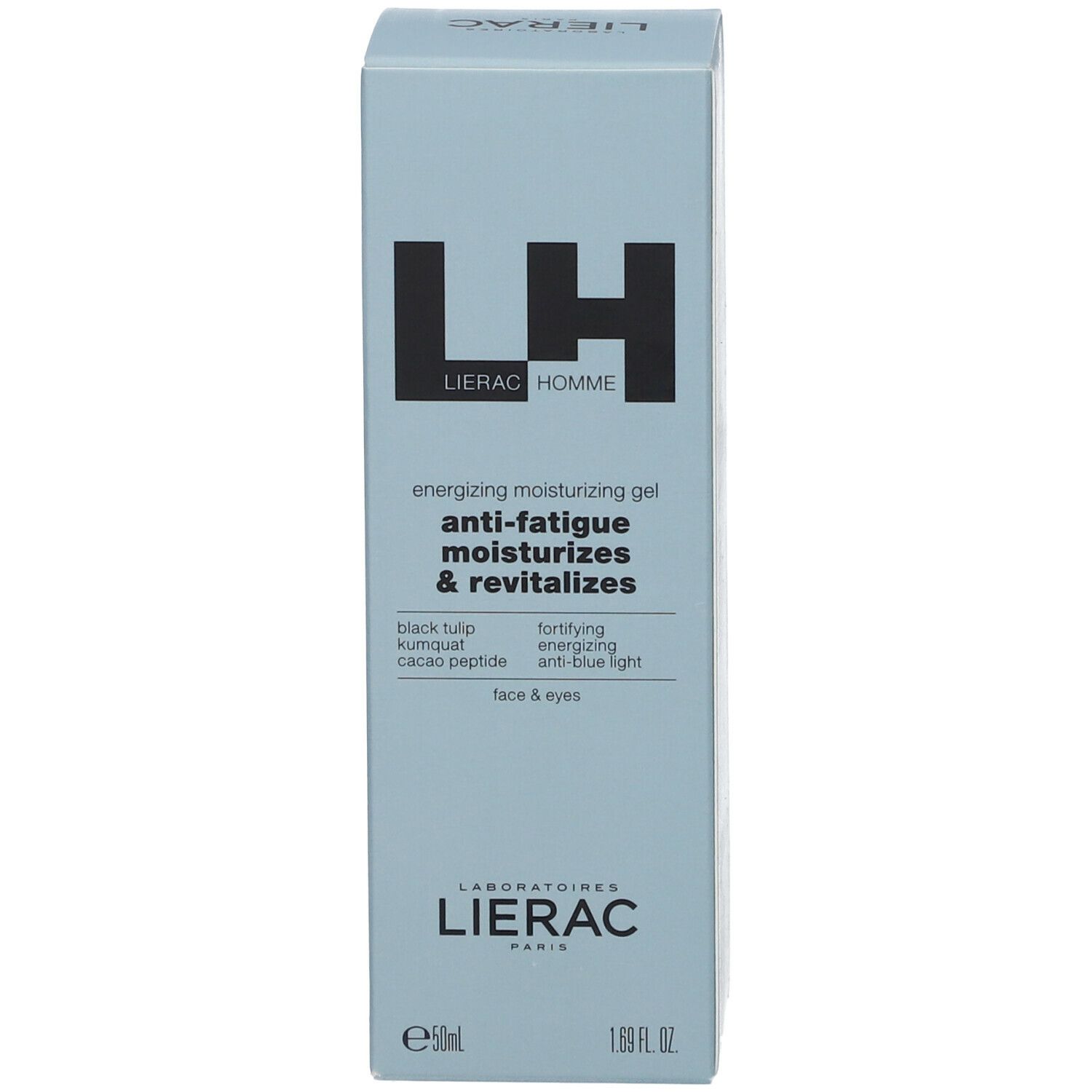 Face avant d'une boîte bleu clair. Logo LH noir et texte: Lierac Homme, Energizing Moisturizing Gel, Anti-Fatigue, Moisturizes & Revitalizes. 1.69 fl. oz.