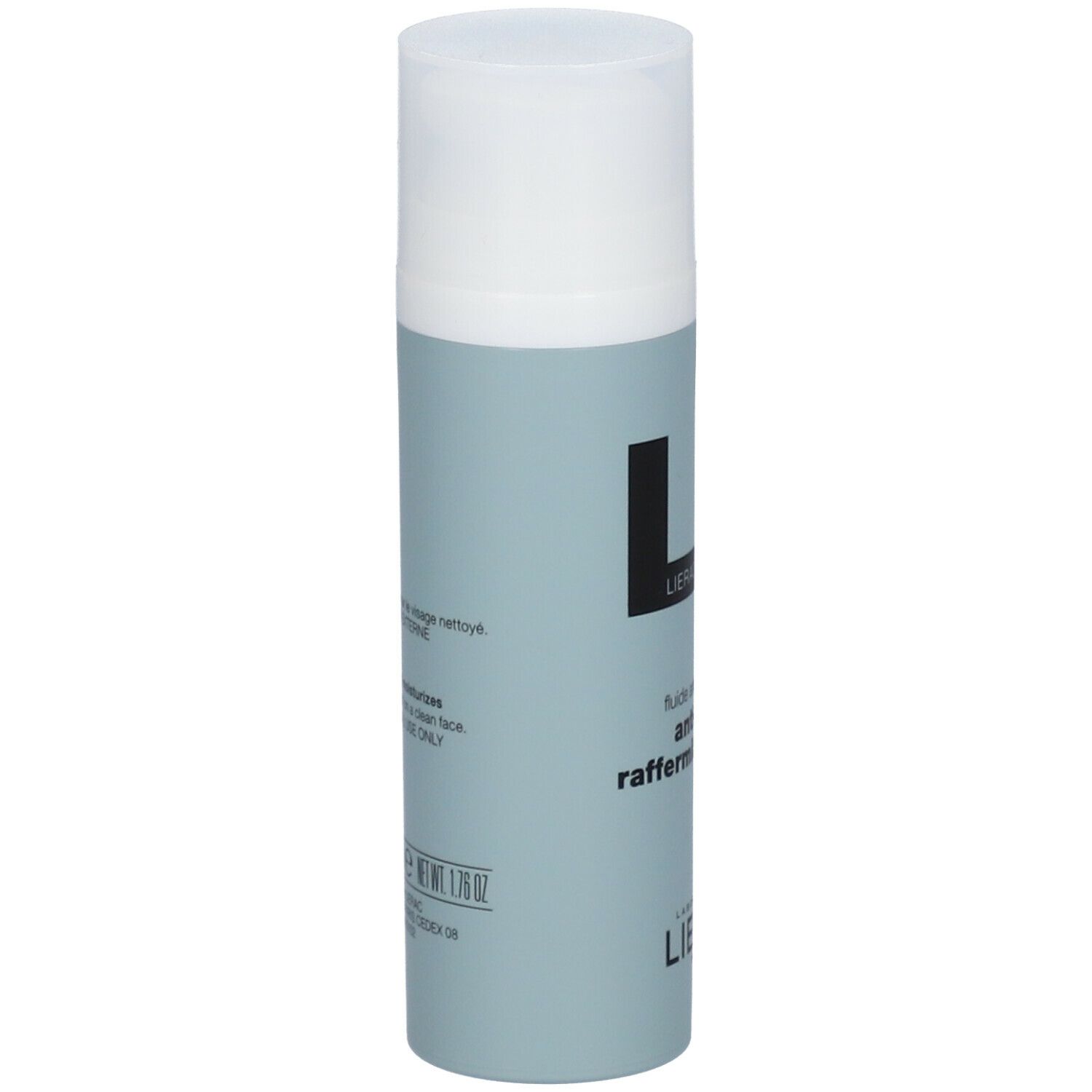 Flacon cylindrique avec bouchon blanc. Texte sur le côté: ingrédients, instructions d'utilisation, poids 1.76 oz.