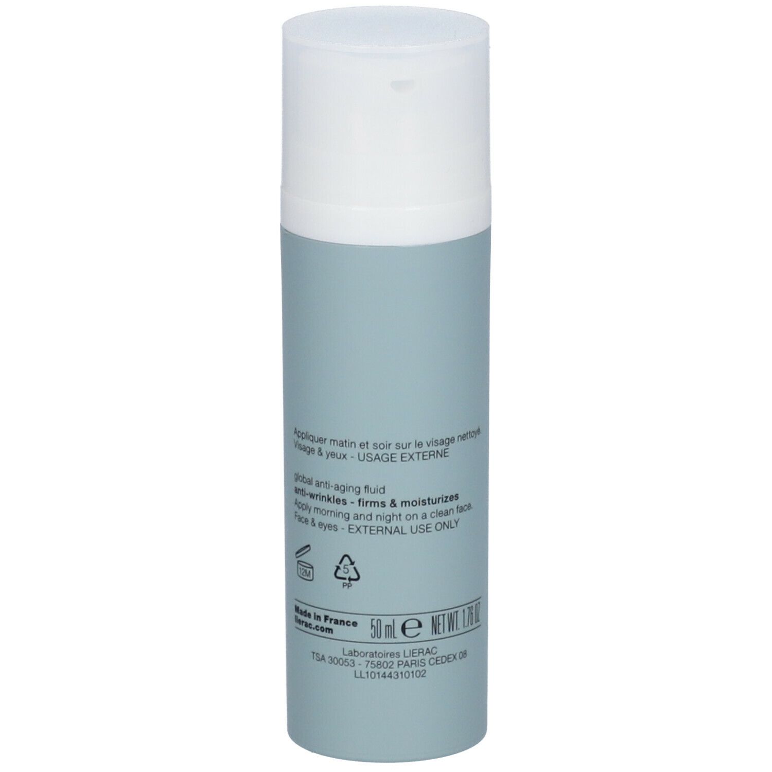 Flacon cylindrique avec bouchon blanc. Texte: application, ingrédients, 50 ml, 1.7 fl oz, fabriqué en France.