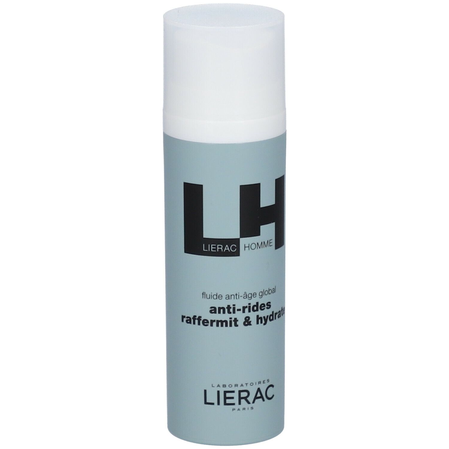 Flacon cylindrique avec bouchon blanc. Inscription LH LIERAC HOMME, texte anti-rides, raffermit & hydrate.