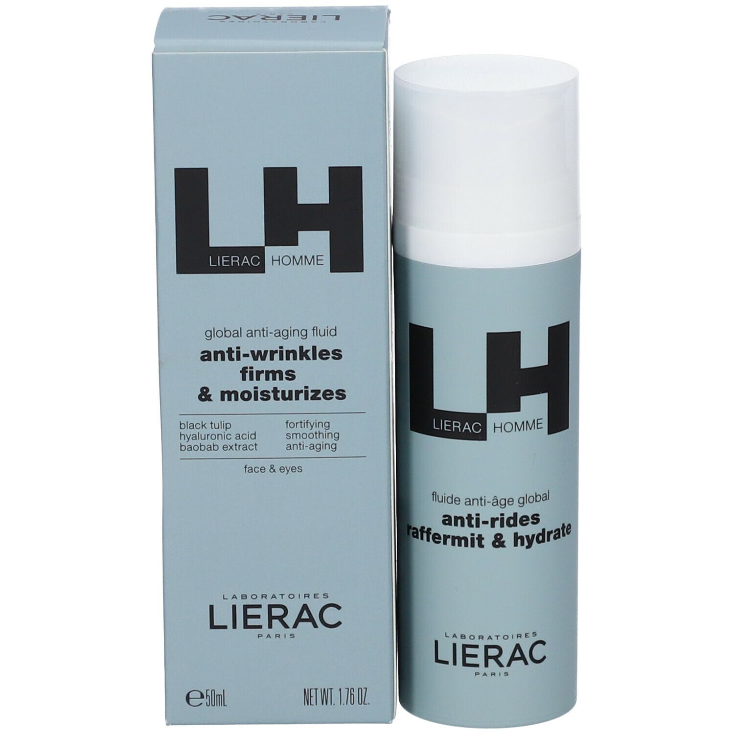 Emballage produit avec flacon. Inscription LH LIERAC HOMME, texte anti-wrinkles, firms & moisturizes, 50ml.