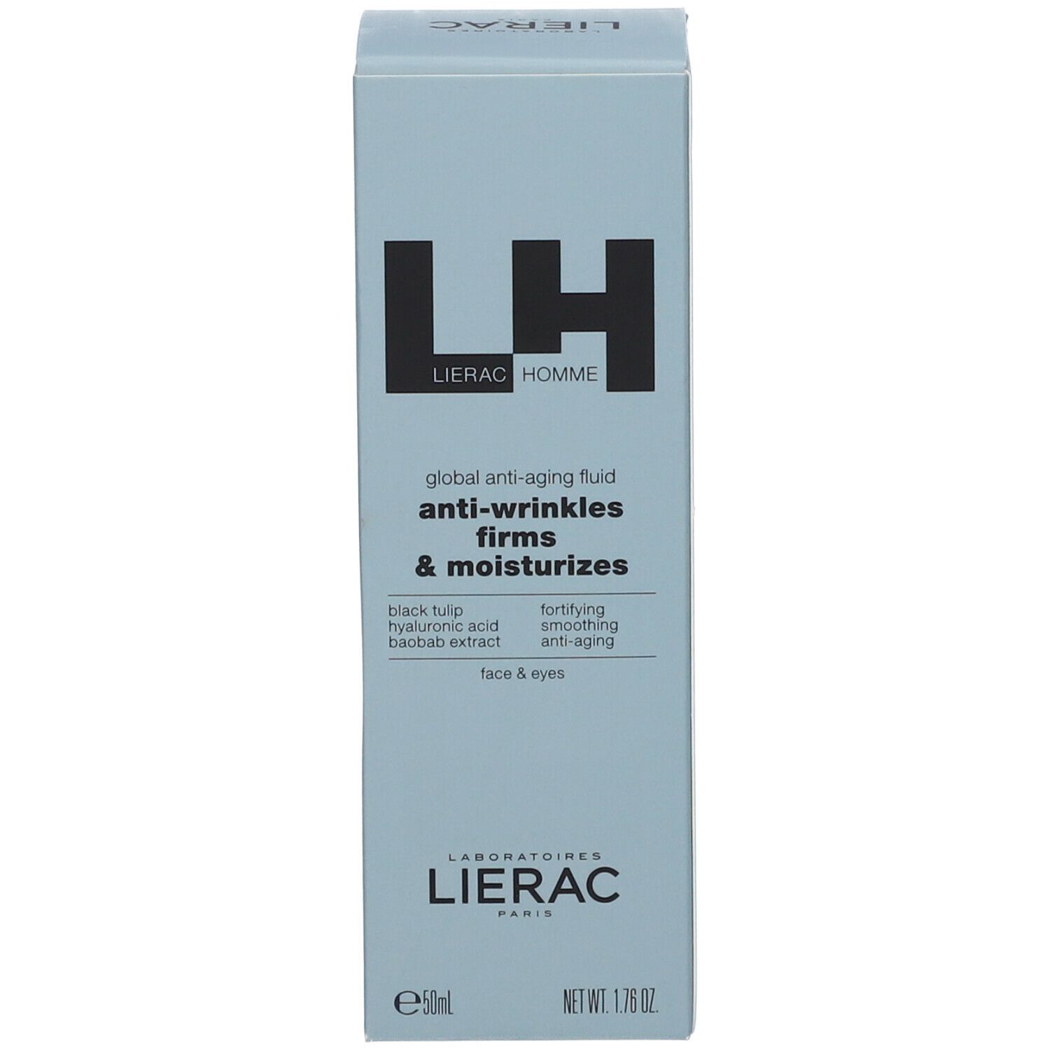Emballage produit. Inscription LH LIERAC HOMME, texte anti-wrinkles, firms & moisturizes, 50ml.