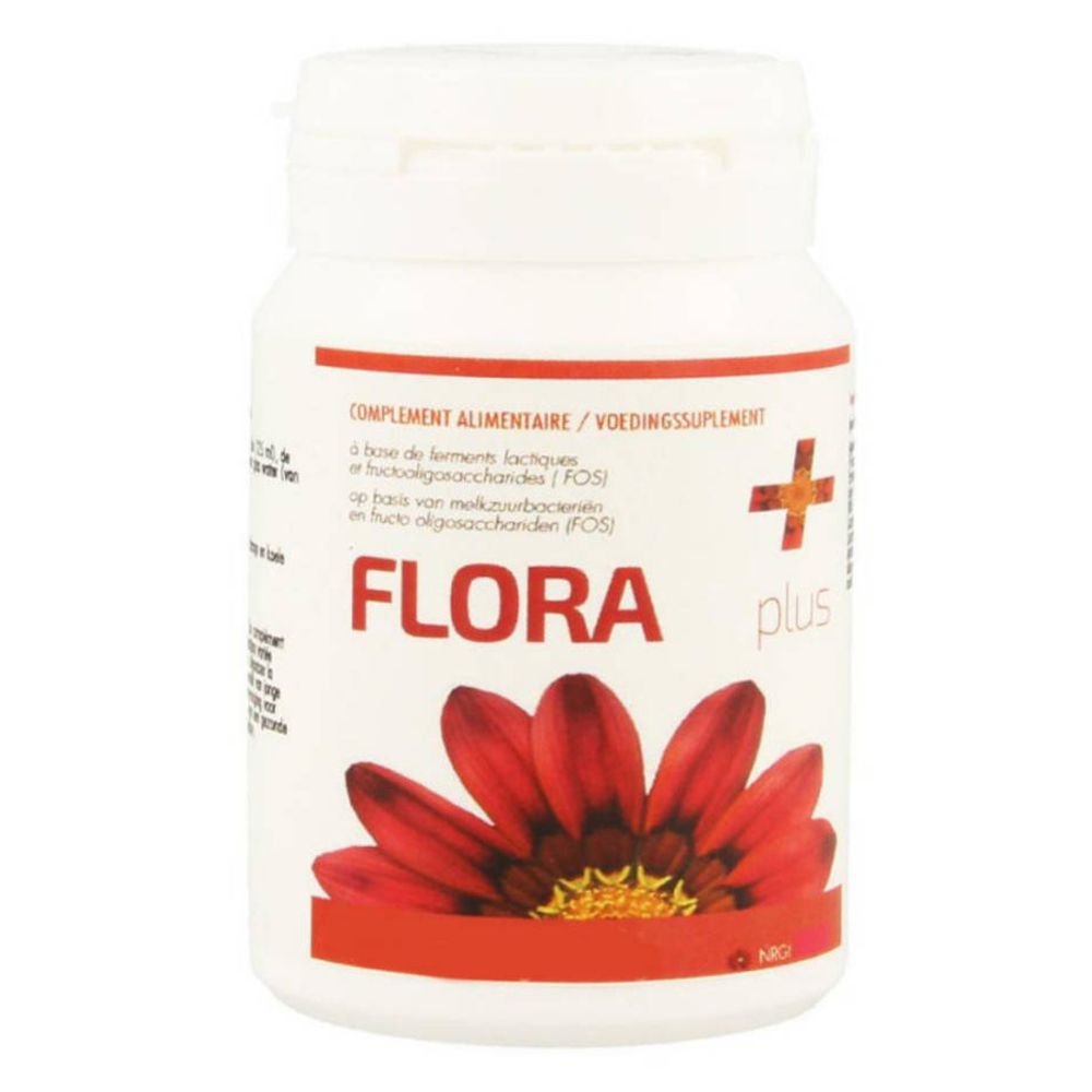 Flacon blanc avec étiquette rouge. Inscription FLORA plus et une fleur. Complément alimentaire.