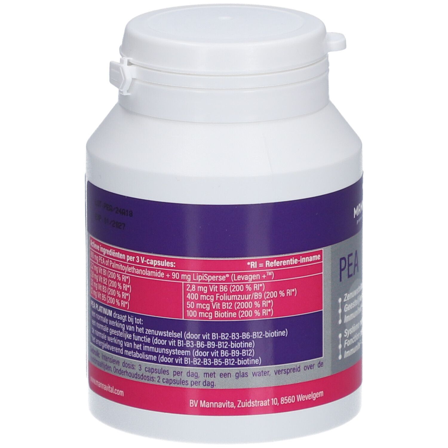 Dos du flacon blanc avec étiquette violette et rose. Contient les ingrédients et les informations nutritionnelles.