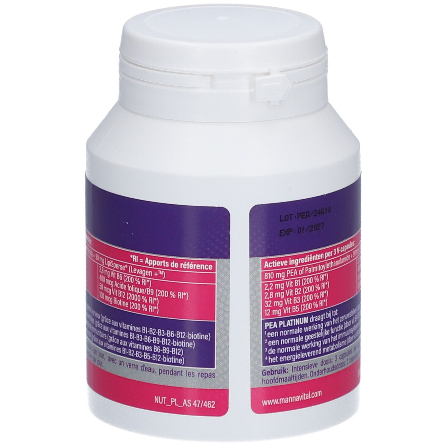 Dos du flacon blanc avec étiquette violette et rose. Contient les ingrédients et les informations nutritionnelles.