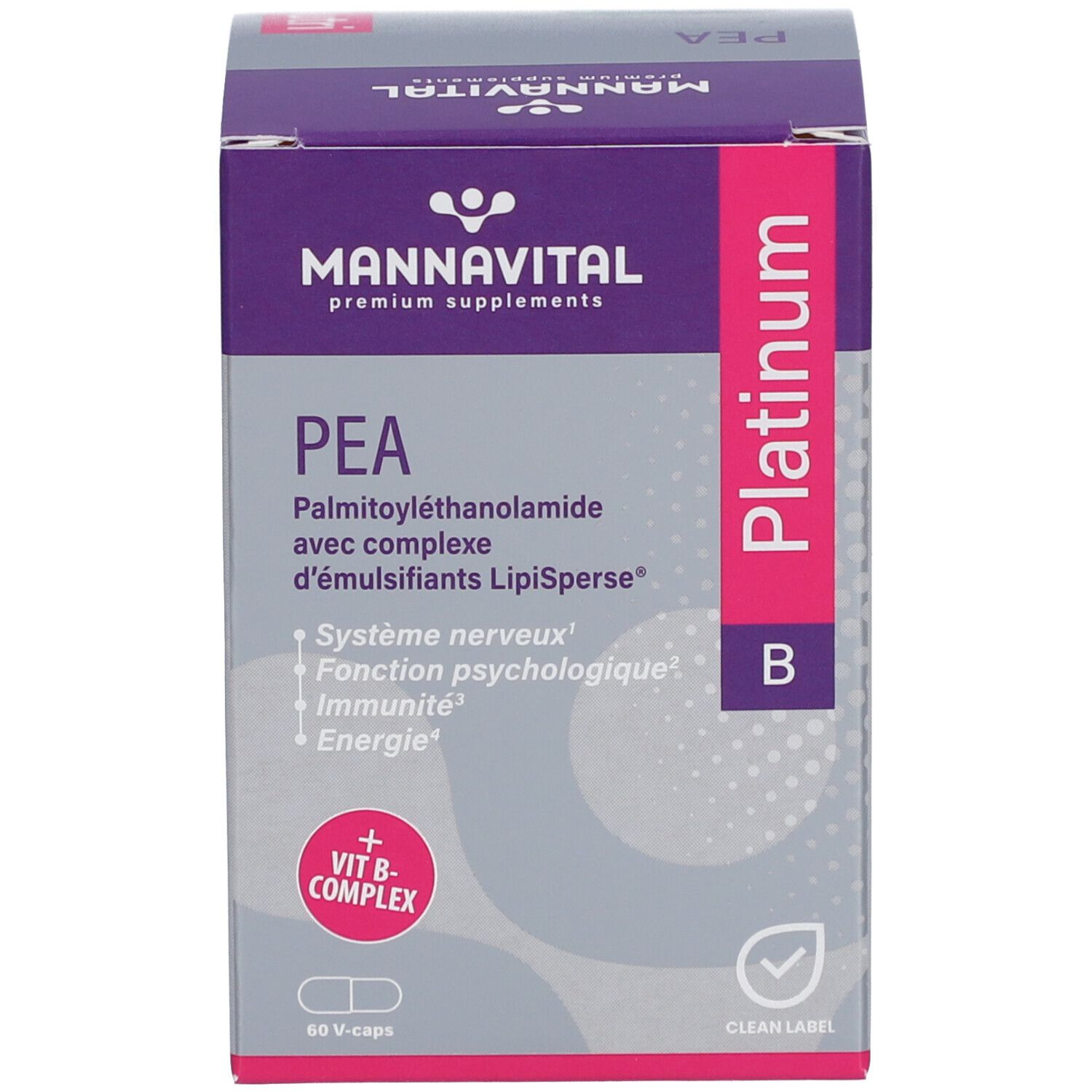 Emballage du produit, boîte avec inscription: MannaVital PEA Platinum B. 60 V-Caps.