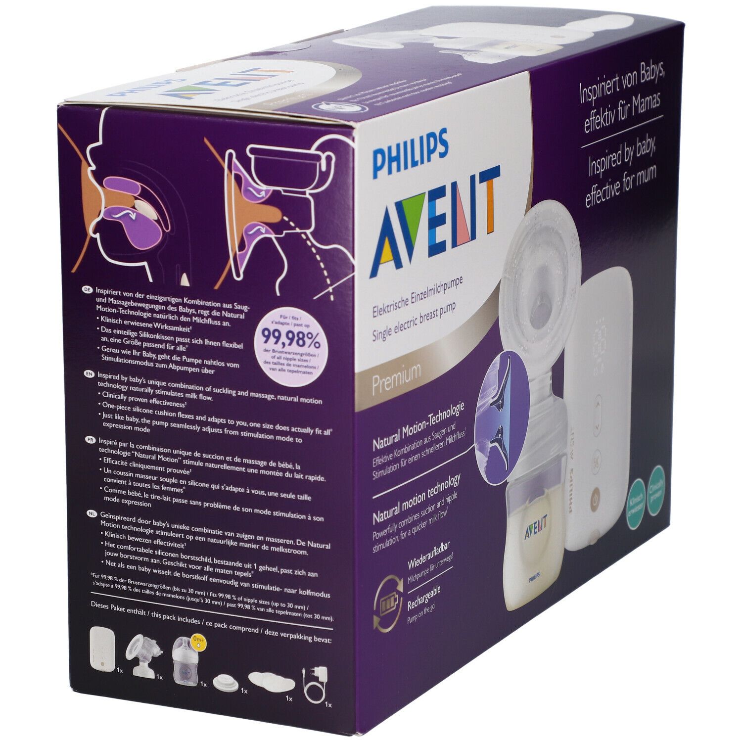 Boîte Philips Avent, tire-lait électrique simple. Composants : biberon, téterelle, appareil. Texte : Technologie Natural Motion, Premium, rechargeable.