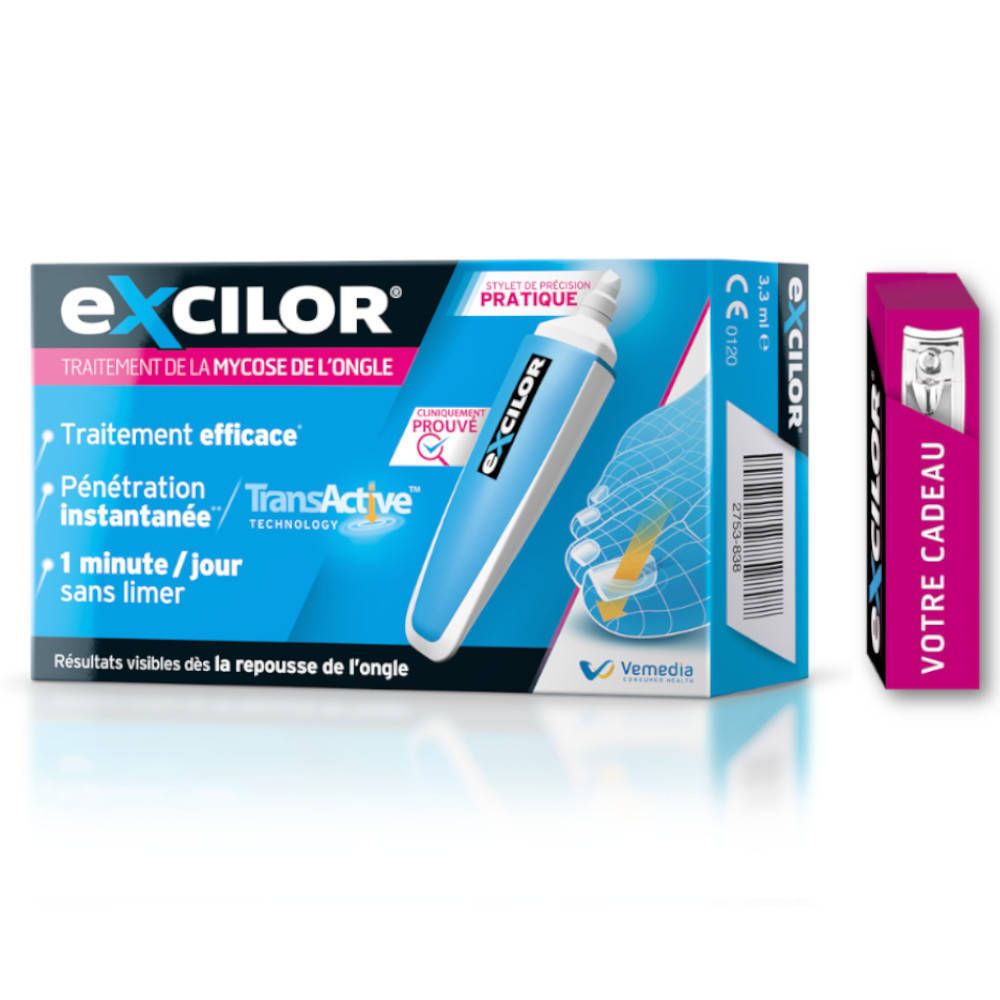 Emballage Excilor® pour le traitement des mycoses des ongles. Comprend un applicateur et une boîte séparée.