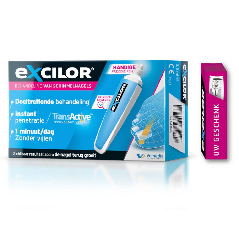 Verpakking van Excilor® voor de behandeling van schimmelnagels. Bevat een applicator en een aparte doos.