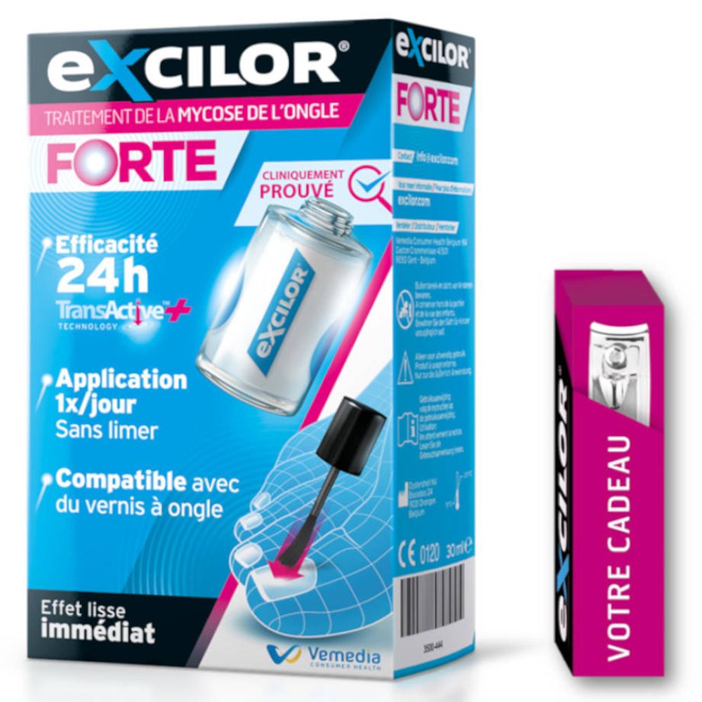 Boîte EXcilor® Forte, coupe-ongles. Boîte bleue et blanche avec image du produit et texte. Coupe-ongles rose.